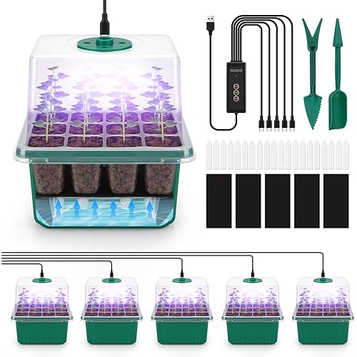 BlumWay Self-Watering Seed Starter Tray Kit with Grow Light and Humidity Dome,3 Color Growing Light,5-Pack 60-Cell Plant Seedling Tray,Reusable Plastic Germination Trays,Timed Light Plant Starter Set