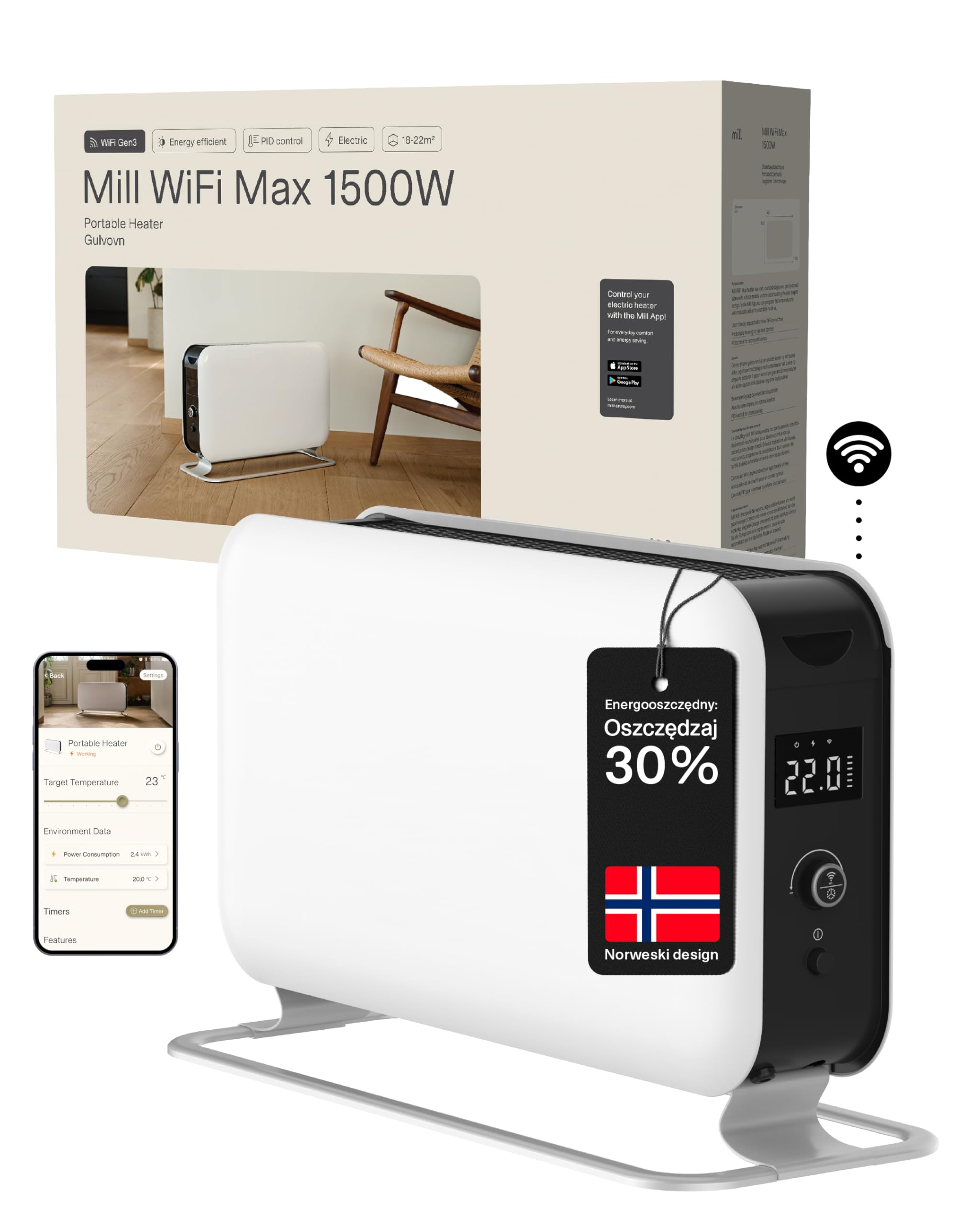 Młyn Przenośny konwektor konwektor Mill WiFi Convection CO1200WIFI, 1200W, ogrzewa środowiska do 25mkw, w komplecie z WIFI 3 sty (Biały, 18-22 m²)