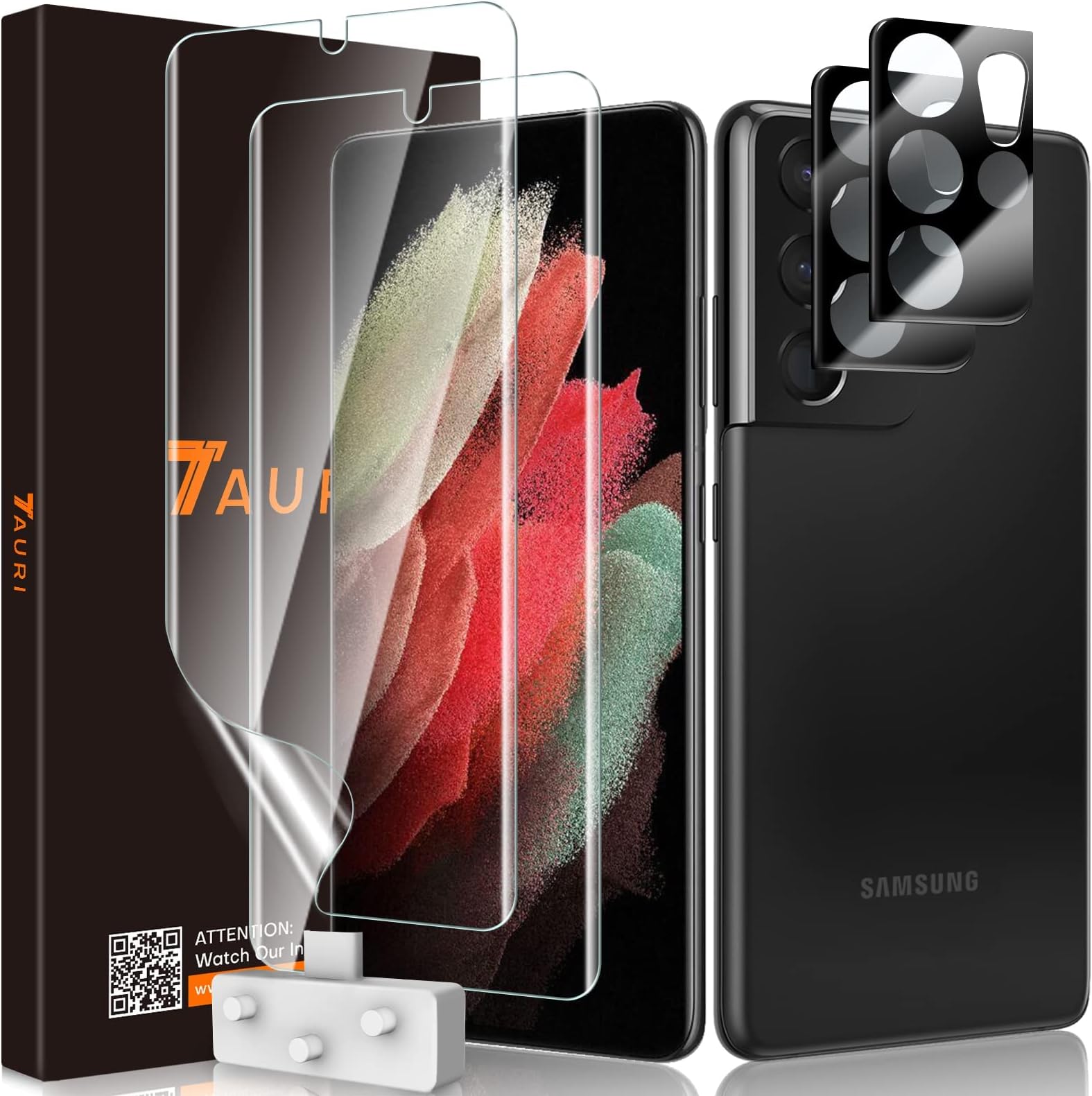 TAURI 2+2 Pack Screen Protector Designed for Samsung Galaxy S21 Ultra [Full Protection], 2 PCS Soft TPU Film + 2 PCS Camera Lens Protector, 100% Fingerprint Unlock, Bubble Free - 6.8 inch