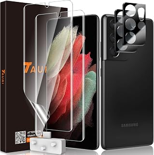 TAURI 2+2 Pack Screen Protector Designed for Samsung Galaxy S21 Ultra [Full Protection], 2 PCS Soft TPU Film + 2 PCS Camera Lens Protector, 100% Fingerprint Unlock, Bubble Free - 6.8 inch