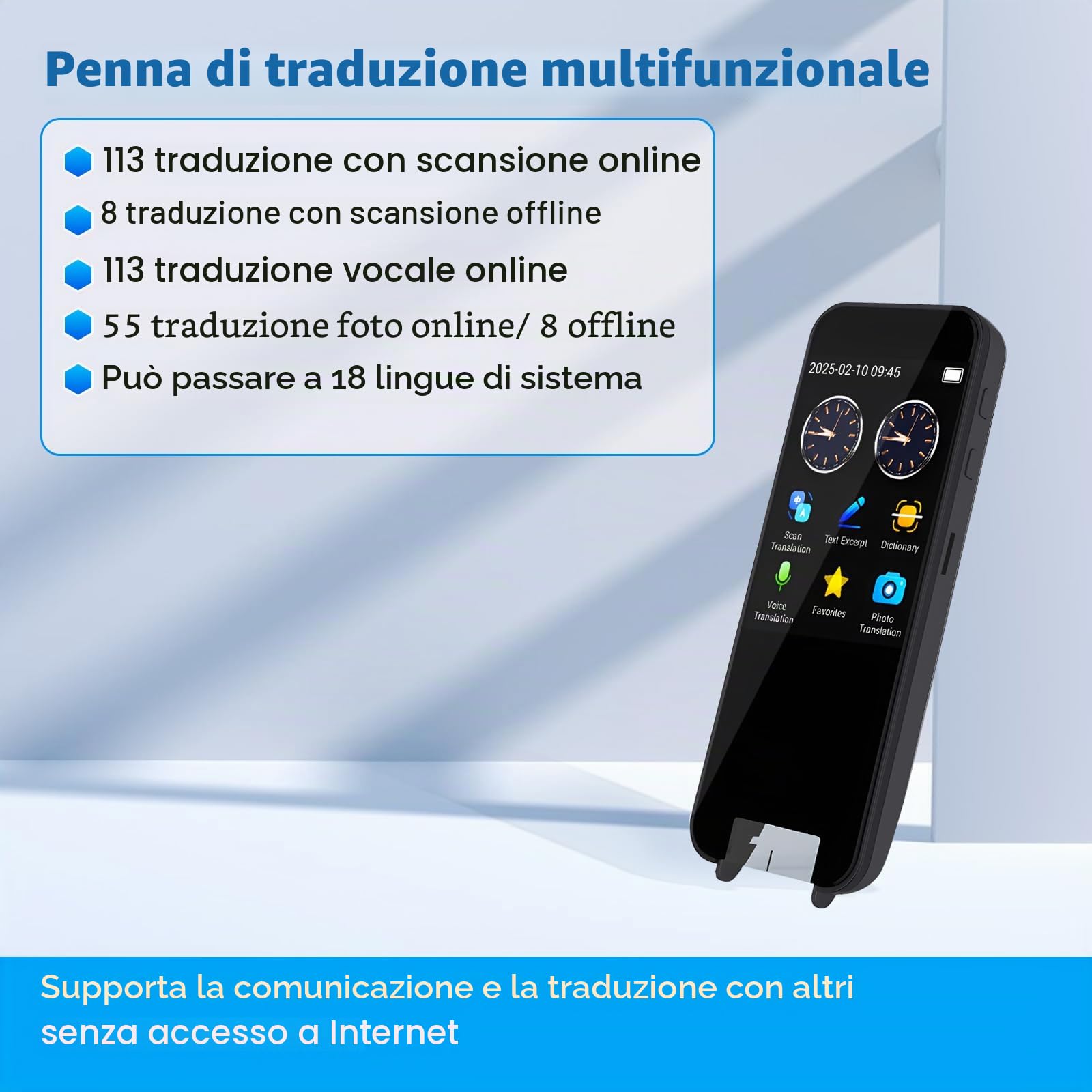Scan Reader Pen - Penna di traduzione per 113 lingue per bambini e studenti con dislessia, scansione offline e traduzione vocale in 8 lingue, supporta la scansione in testo e traduzione di foto