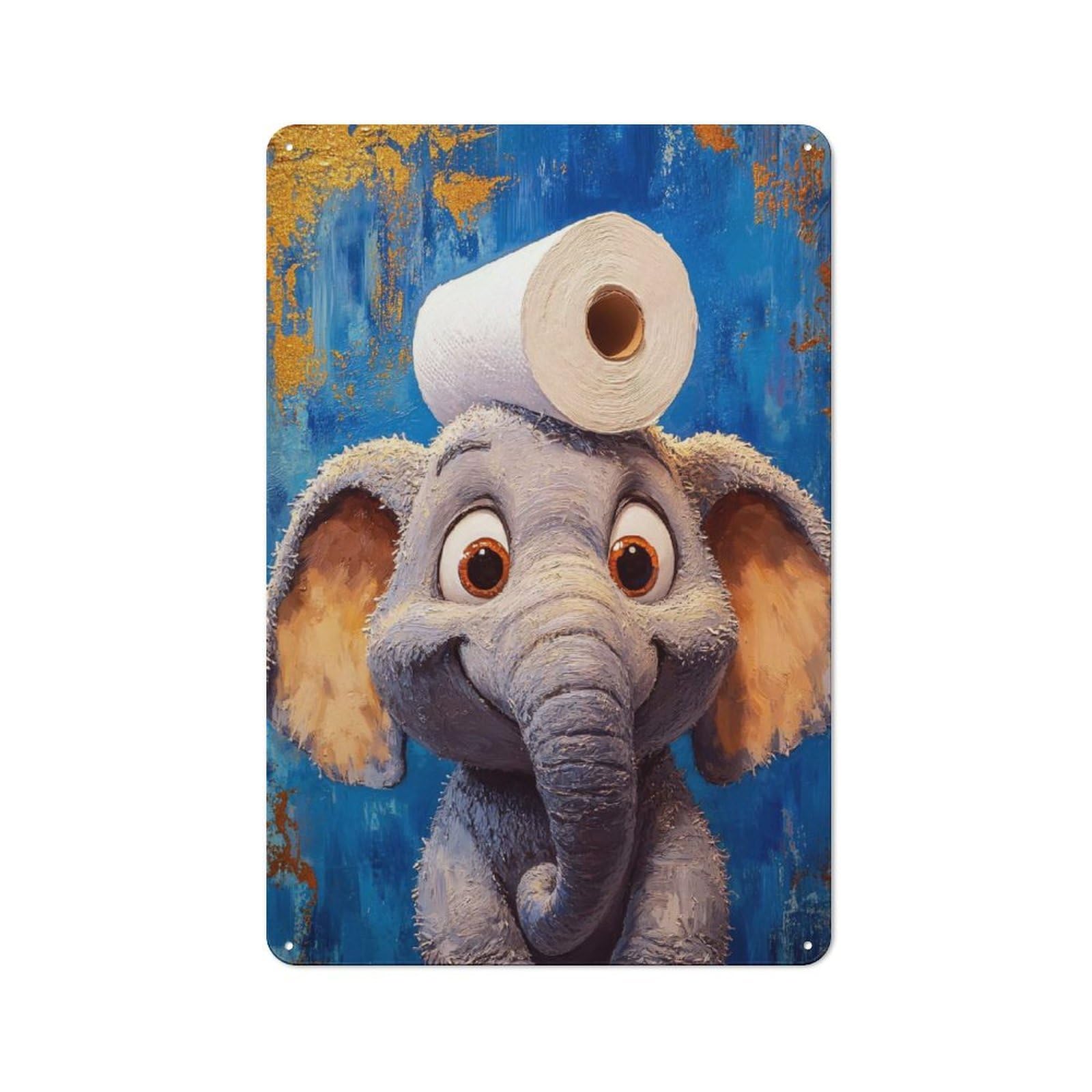 Junmoney Style-18 Elephant With Toilet Paper On Head Rustic Tin Wall Plaque 30X20cm For Hobby Room Or Studio, A New Home Present For Creative Interior Collectors