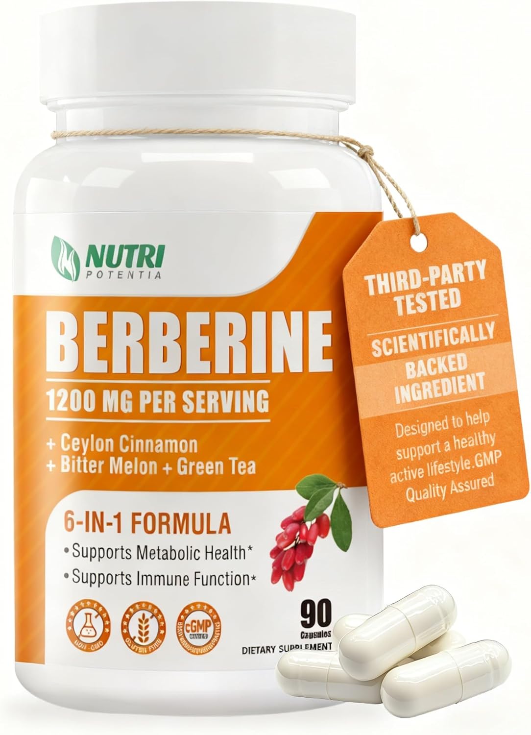 Organic Berberine Supplement-Berberine with Ceylon Cinnamon,Bitter Melon & Green Tea Extract,Supports Cholesterol Health & Immune Function.Third-Party Tested(Made & Tested in USA).1200mg,90 Capsules