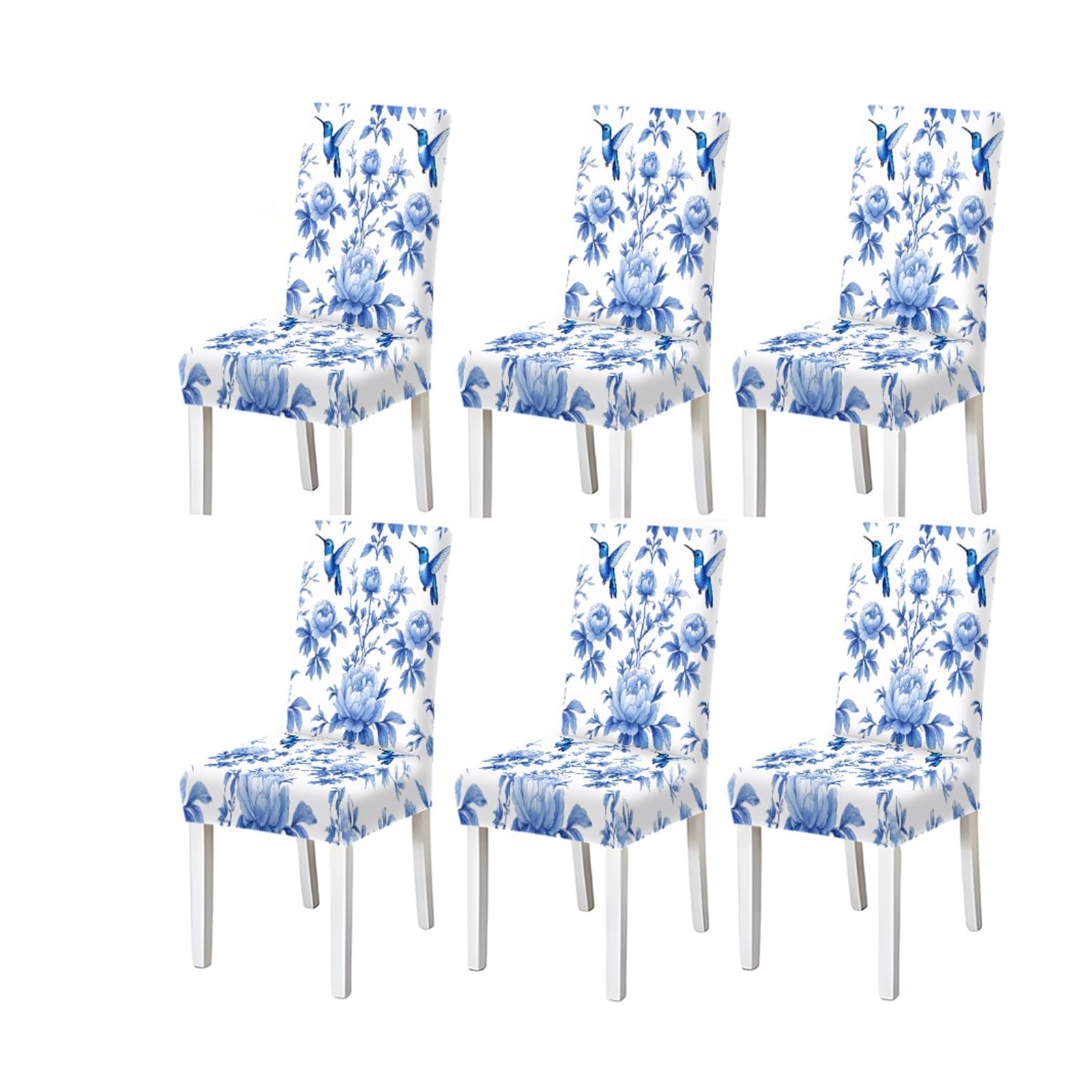 BOSUYBN Blue Peony & Hummingbird Print Stretch Dining Chair Covers For Kitchen Dining Living Room, 2/4/6PCS Furniture Protectors for Home Dining Room(6PCSChair cover)