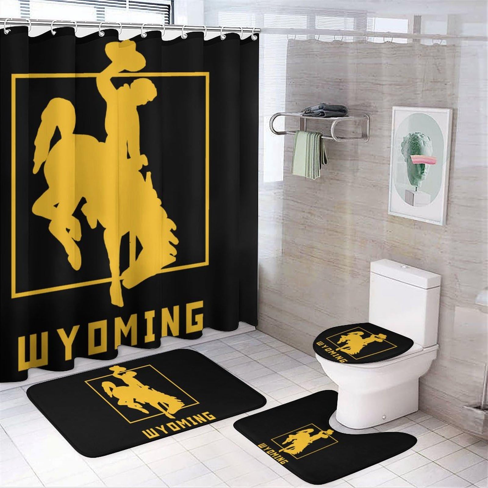 CGSBNGHA Wyoming Flag Shower Curtain Set 4 Piece Bathroom Sets with Rugs Toilet Lid Cover And U-Shaped Floor Mat