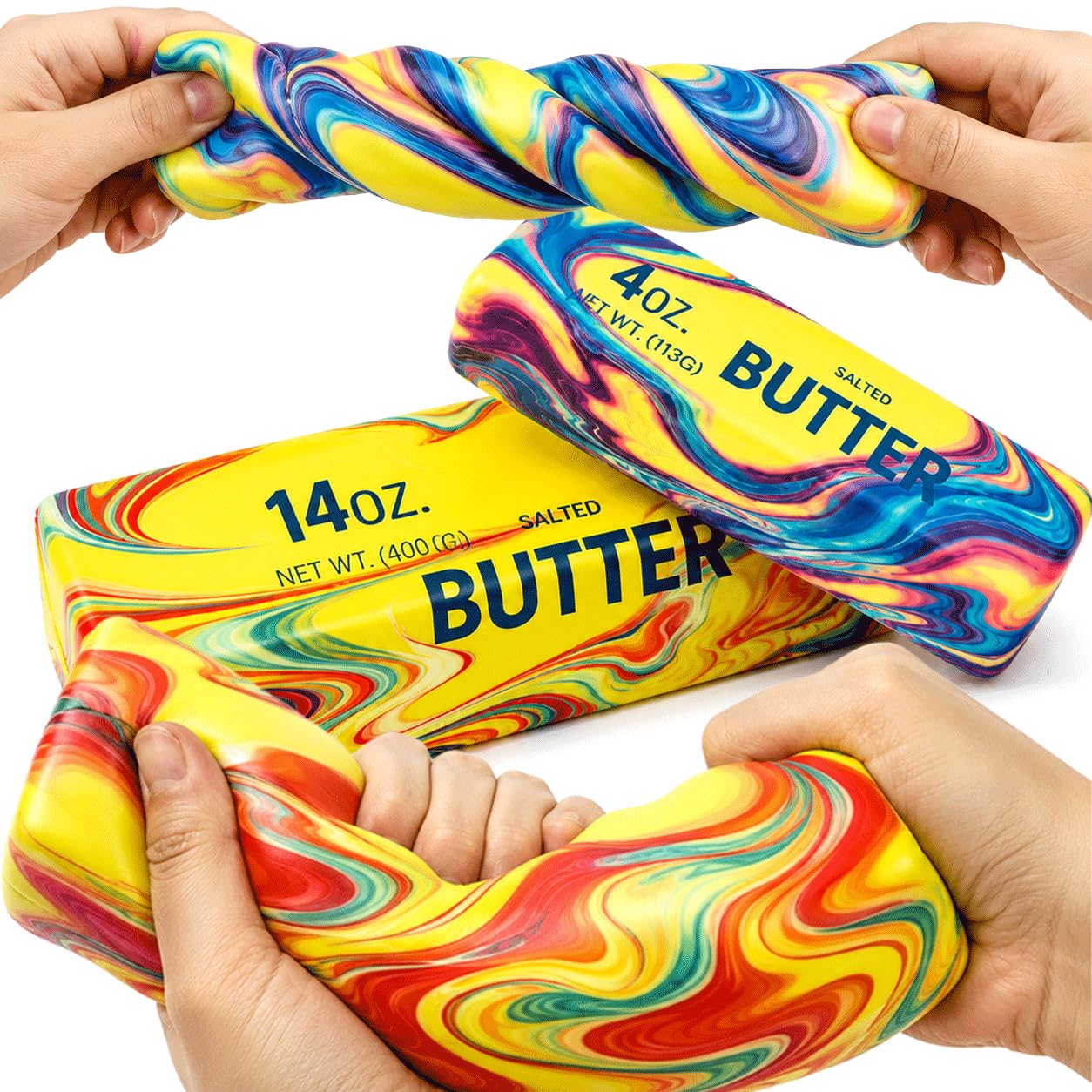 2Pcs Giant Rainbow Butter Squishy, Jumbo 14oz & Big 4oz Squeeze Butter Stick Set, Soft Large Fidget PU Foam Slow Rising Squishies for Stress Relief, Cute Novelty Gift for Adults Office Home Decor