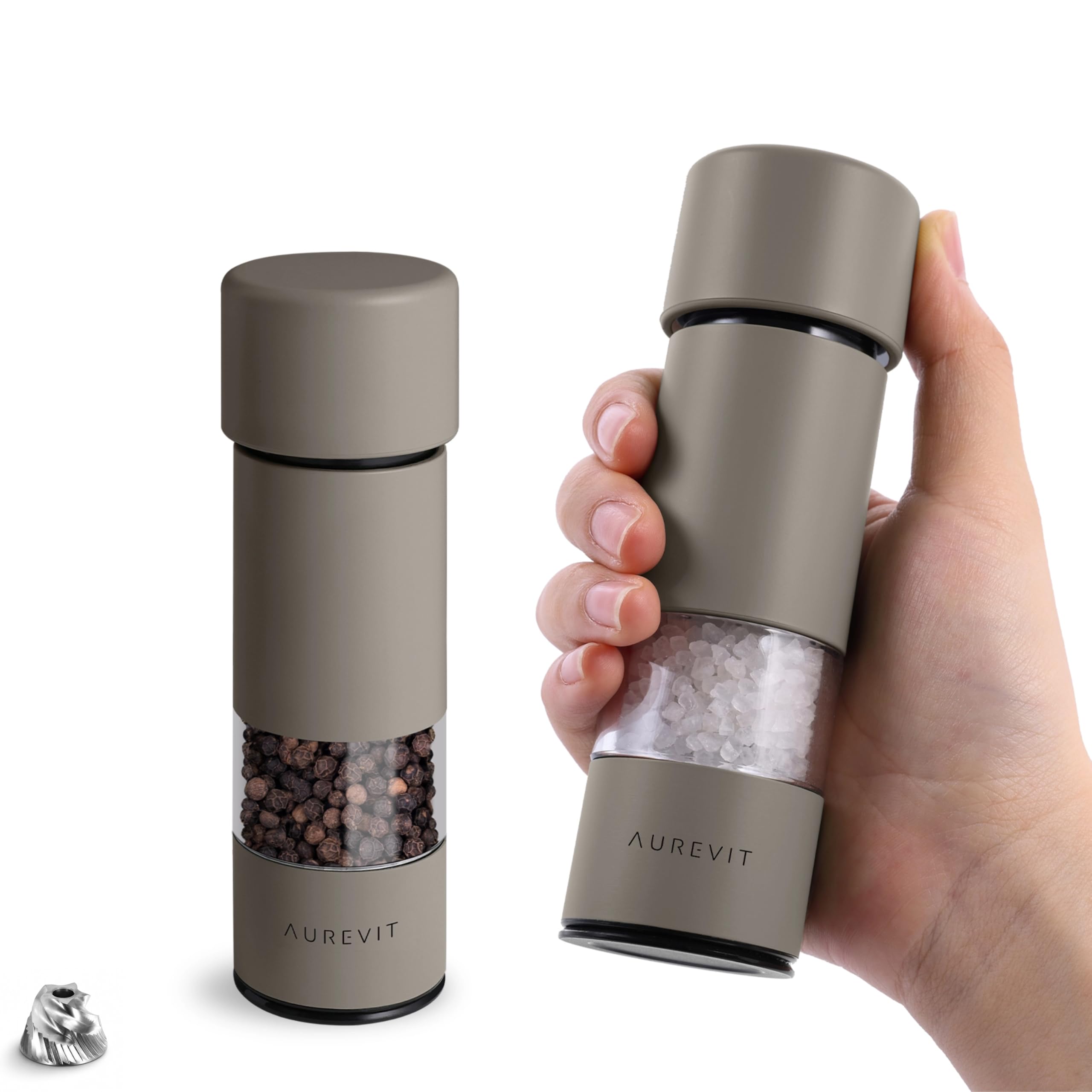 Aurevit Small Salt and Pepper Grinder Set, Manual Pepper Mill with Ceramic/Stainless Steel Core, External Adjustable Coarseness, Refillable, Portable for Travel (2 Packs, Greige)
