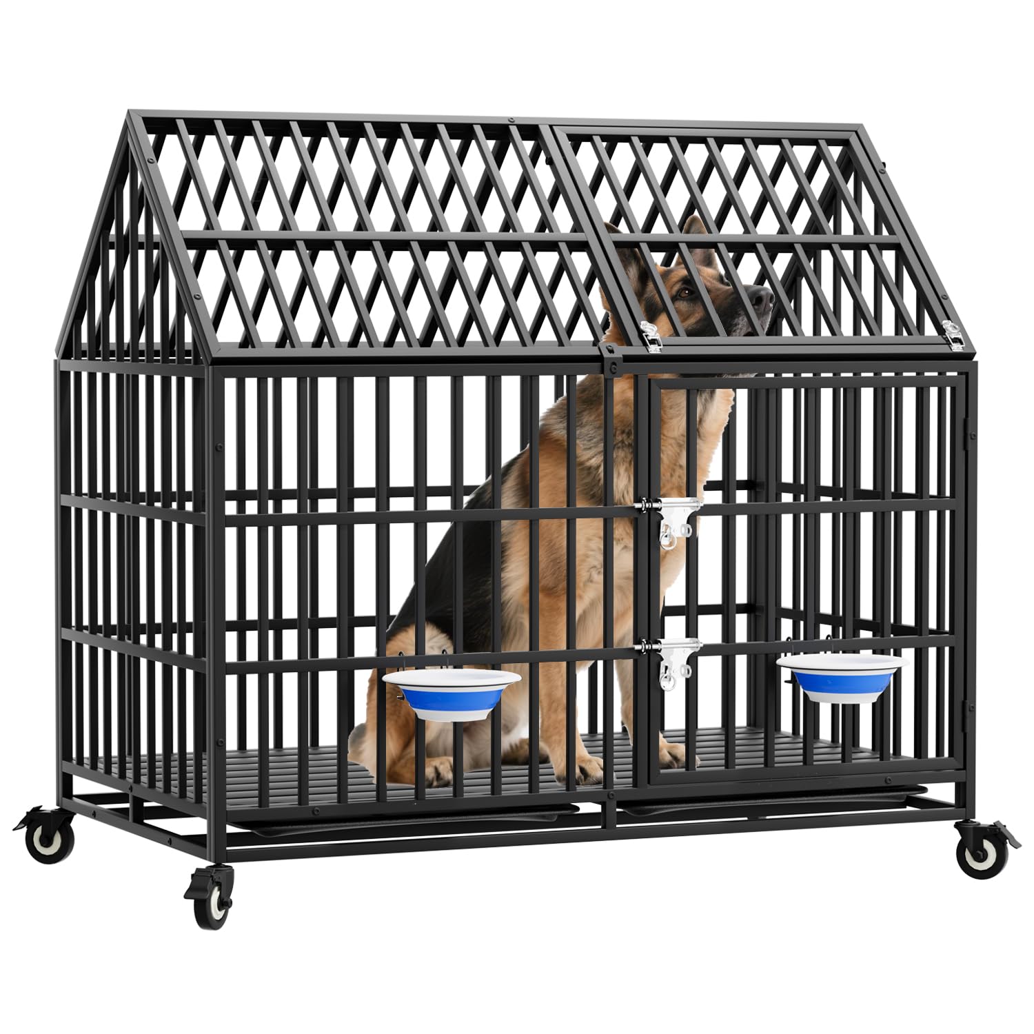 Hcfgide 50'' Indestructible Heavy Duty Dog Crate with 2 Bowls, Escape-Proof Kennel with Pointed Roof for High Anxiety Large Giant Dogs, Steel