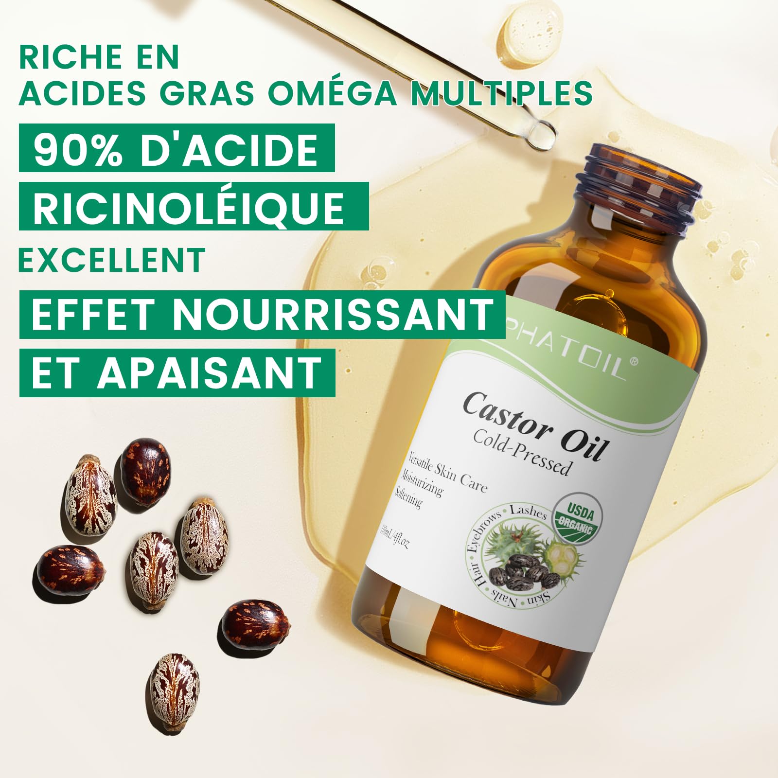 PHATOIL Huile de Ricin Bio 118ML - Organic Castor Oil 100% Naturelle Pure - Pressée à Froid - Huile Pour Cheveux, Cils, Sourcils, Peau, Ongles, Barbe, Pipettes + Brosse à Sourcils + Brosse à Cils