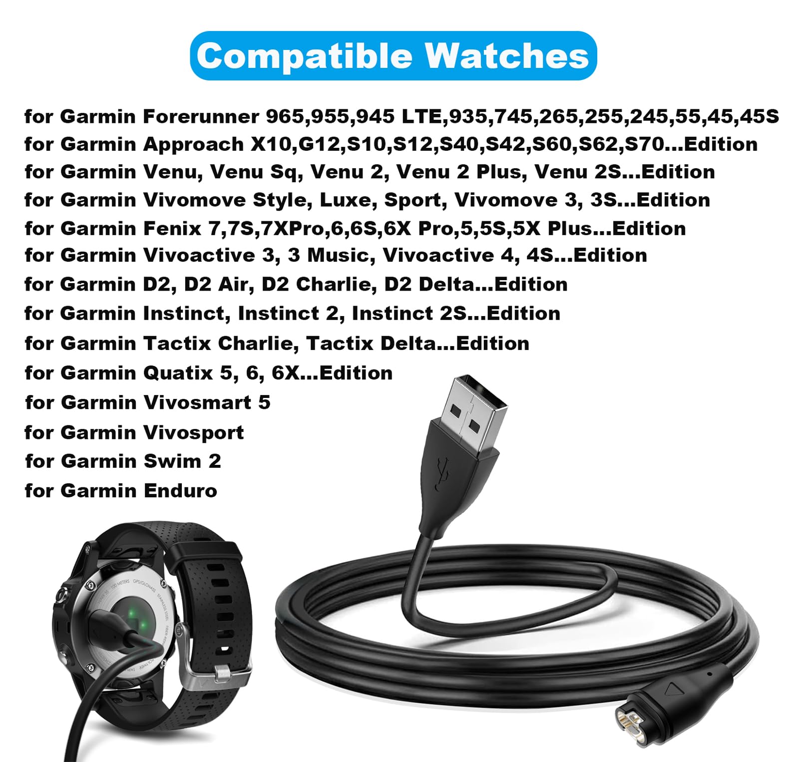 Epix Pro Gen 2 Charger Compatible With Garmin Fenix 5 5S 5X Plus 6 6S 6X Pro 7 7S 7X,Forerunner 45 45S 245 Music 935 945,Vu00edvoactive 3 4 4S,Approach S10 S40 S60,Vu00edvomove