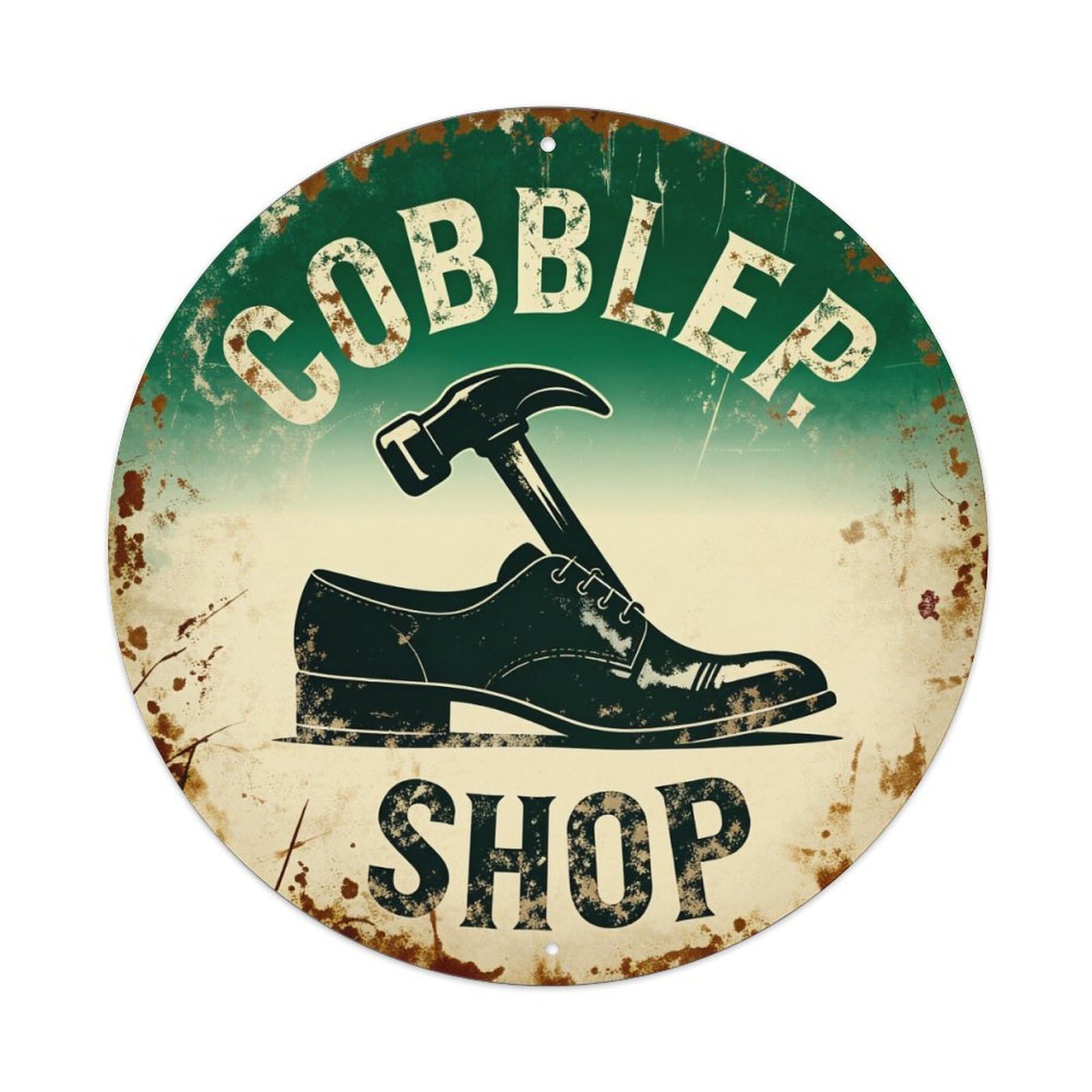 Cobbler Shop Sign With Shoe And Hammer Round Tin Sign Vintage Metal Poster, Home Bar Garage Man Cave Cafe Indoor & Outdoor Wall Decoration 8x8Inches
