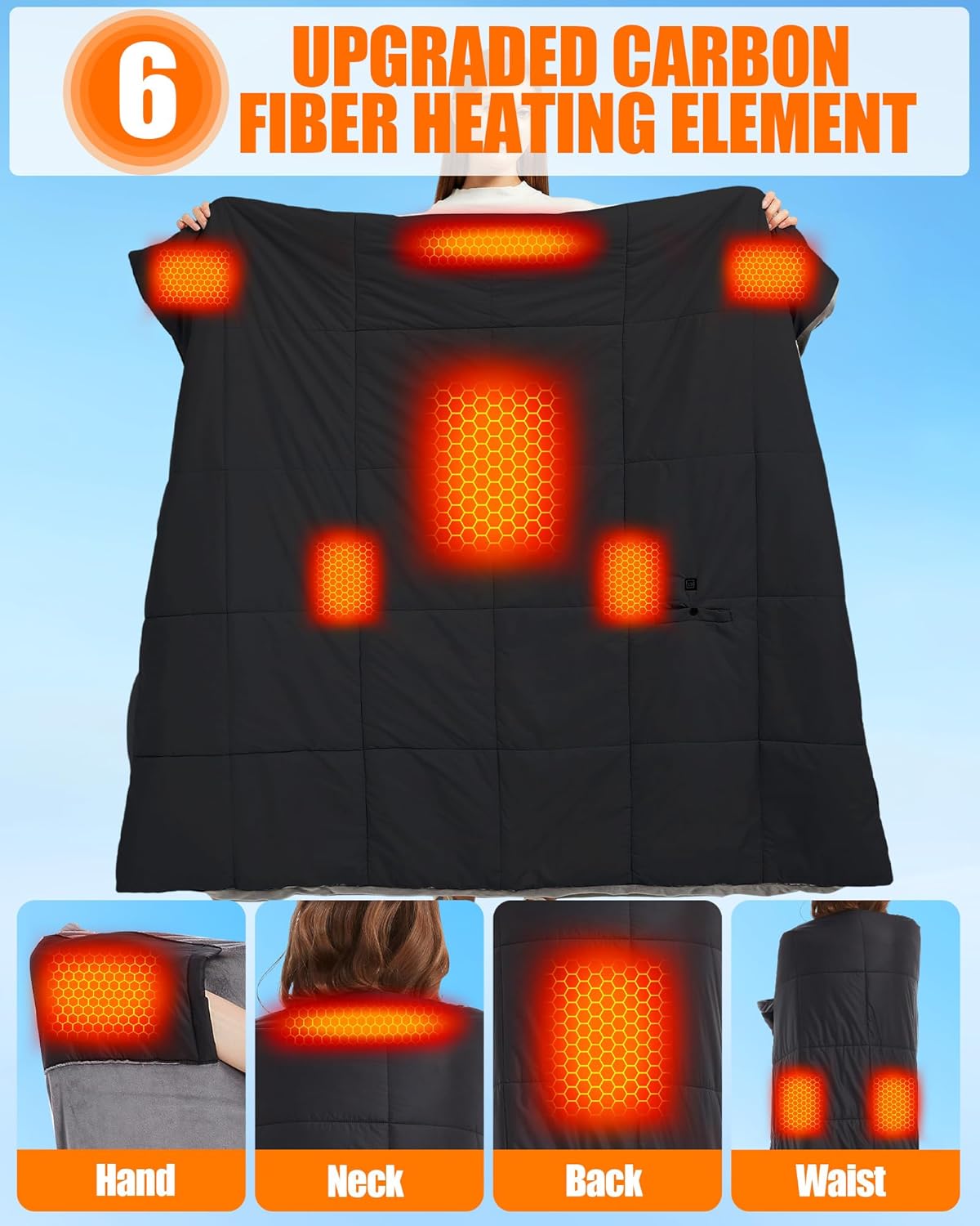 20000mAh Large Heated Blanket Battery Powered, 7.4V Battery Portable Cordless Throw Electric Rechargeable Heating Blankets (Black+20000mAh Battery, 63x55in Adult Size) - Image 2