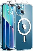 Qasyfanc Magnetic Cover for iPhone 13/14 Compatible with MagSafe, with 2 Pieces Tempered Glass Film, Clear Slim Fit Cover [Military Shockproof] Anti-Yellow, Transparent Crystal