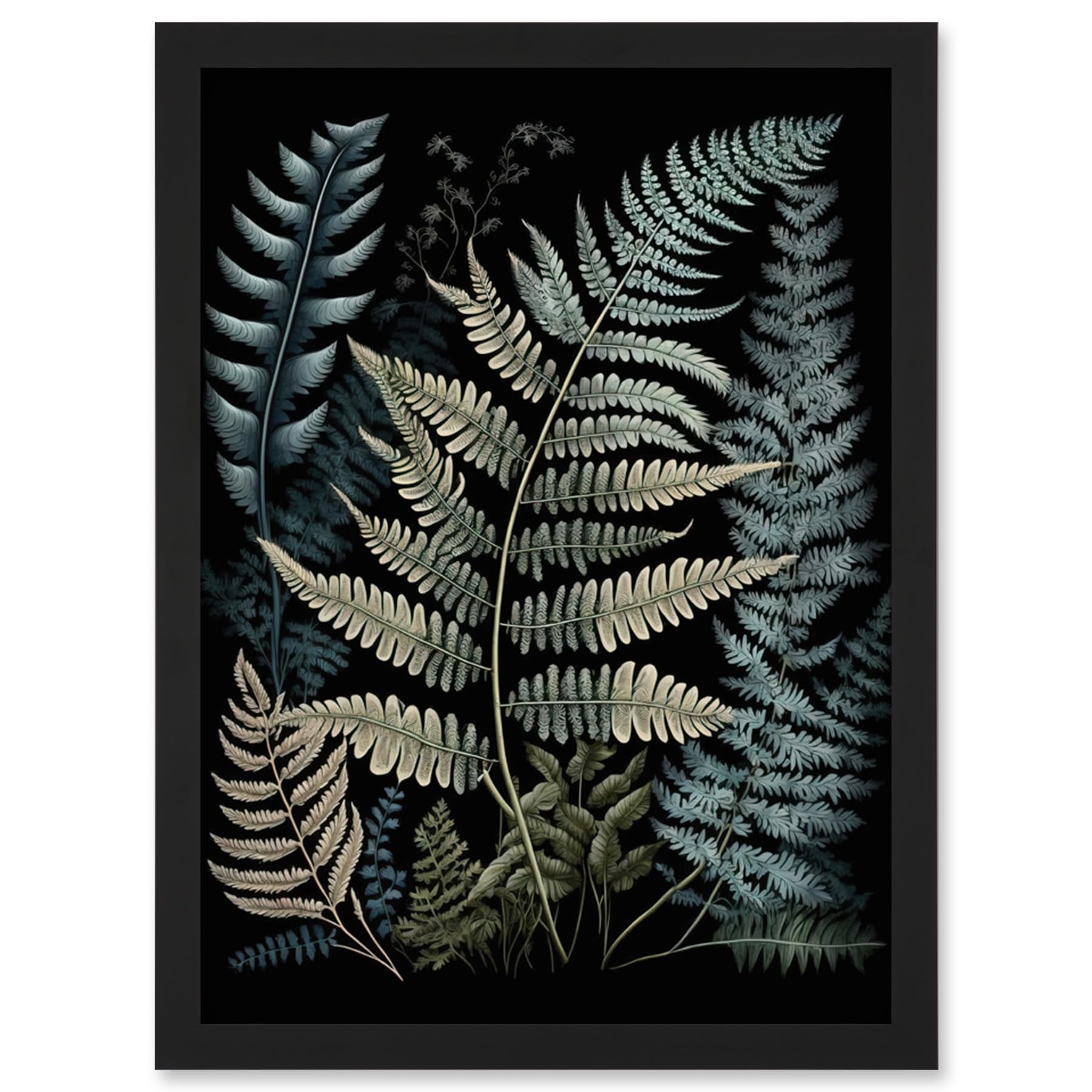 Artery8 Framed Botanical Illustration Art Print - Fern Frond Species - A4 - Black Frame