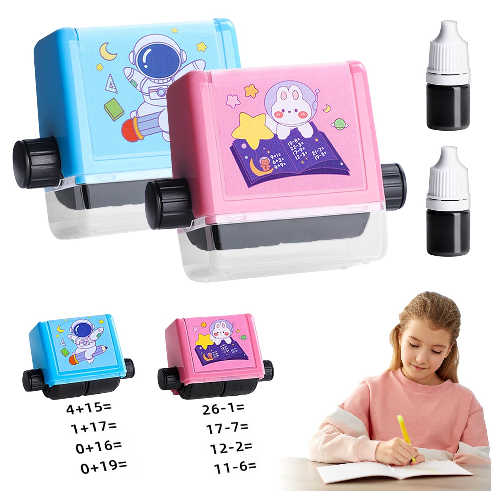 2 Pcs Roller Digital Teaching Stamp, Maths Roller Stamp, Reusable Addition and Subtraction Roller Stamp, Math Educational Toy Stamp with Ink for School Teaching Supplies (Addition & Subtraction)