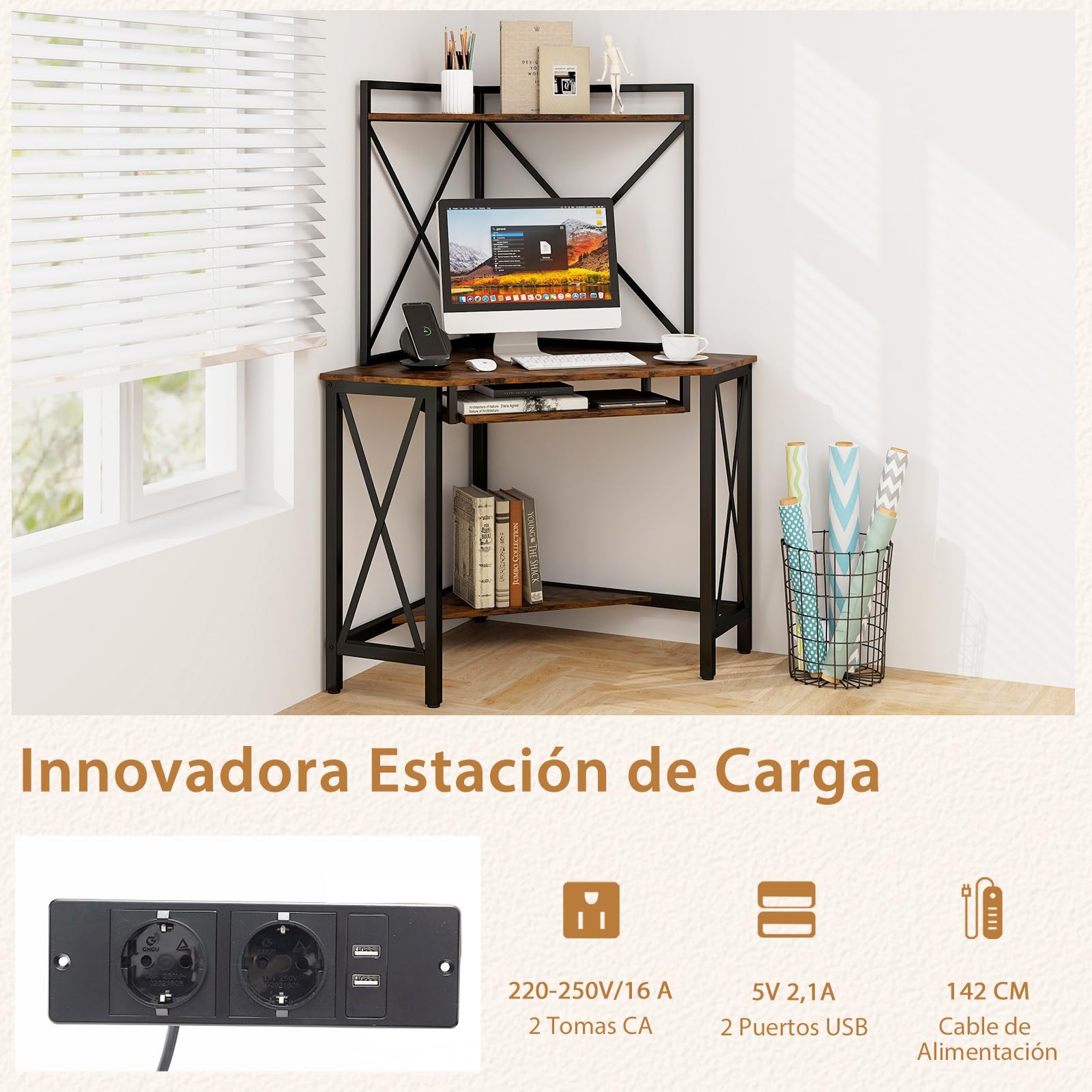 COSTWAY Escritorio para Computadora con Estantes, Escritorio de Esquina Que Ahorra Espacio con Bandeja para Teclado, Mesa Triangular para Oficina con Marco de Metal para Hogar Oficina(Marrón + Negro)