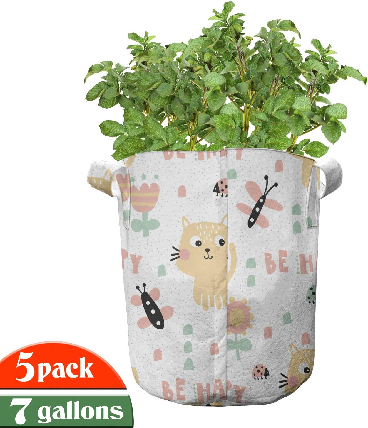 Ambesonne Cartoon Grow Bags 5-Pack, Kittens, Heavyduty Fabric Pots with Handles for Plants, Multicolor