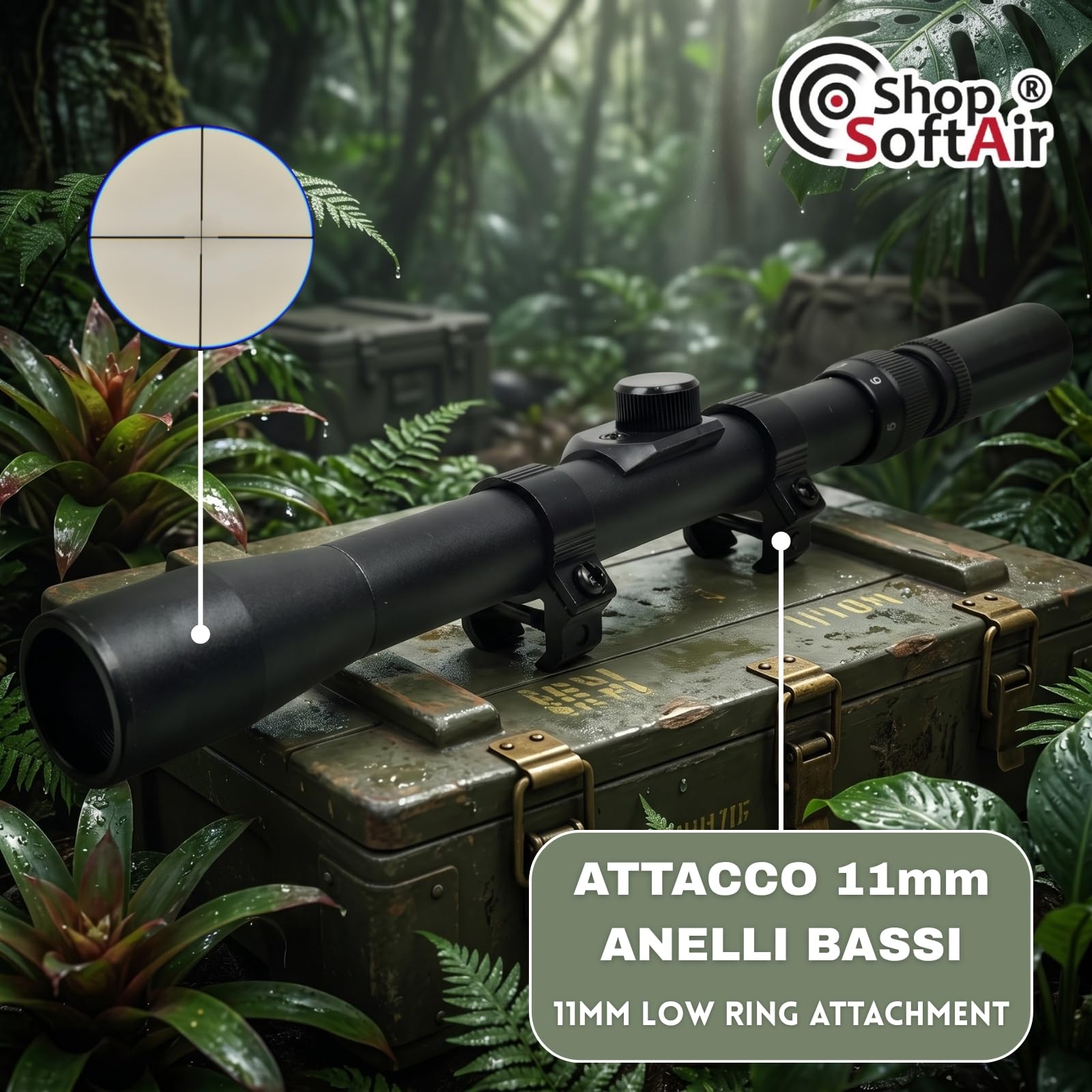Ottica per Softair, Zoom 3x-7x, Lente 20mm, Attacco 11mm Anelli Bassi, Alluminio, Reticolo a Croce, 293mm