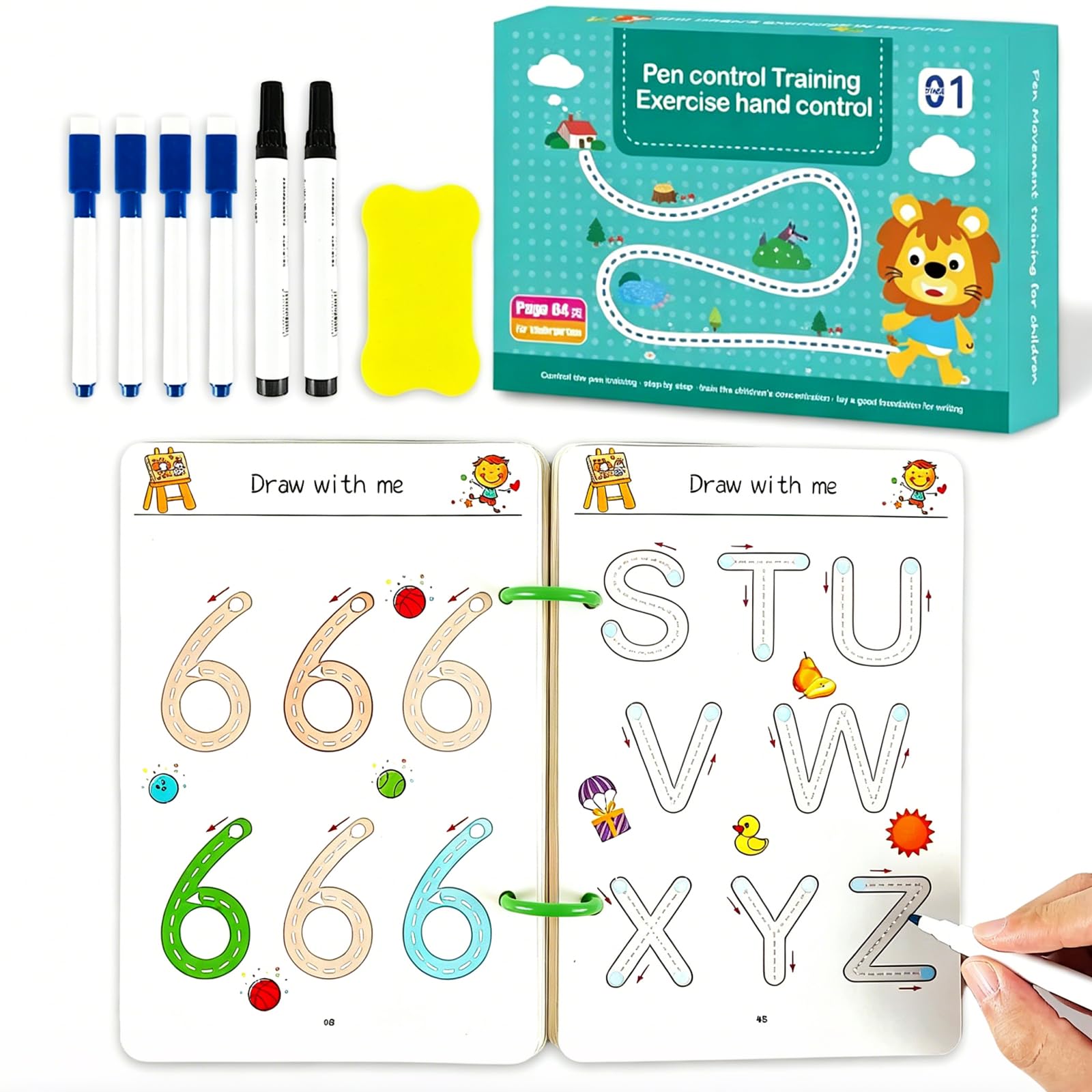 64 páginas Cuaderno Aprender a Escribir Números, Dibujo, Matemáticas y Letras, Libros de Trazado Reutilizables para Niños de 3 4 5 6 Años, Libros de Actividades Preescolares, Libro Vacaciones
