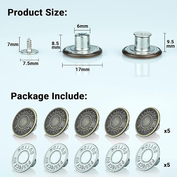Brass Jeans Button Replacement, 10 Pieces, Adjustable Tightener Button for Jeans Pants to Make Smaller, Botones Ajustables para Jeans 17mm