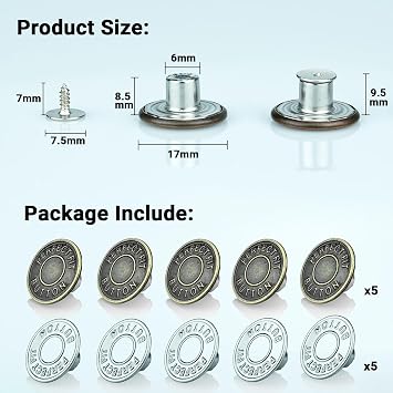 Brass Jeans Button Replacement, 10 Pieces, Adjustable Tightener Button for Jeans Pants to Make Smaller, Botones Ajustables para Jeans 17mm