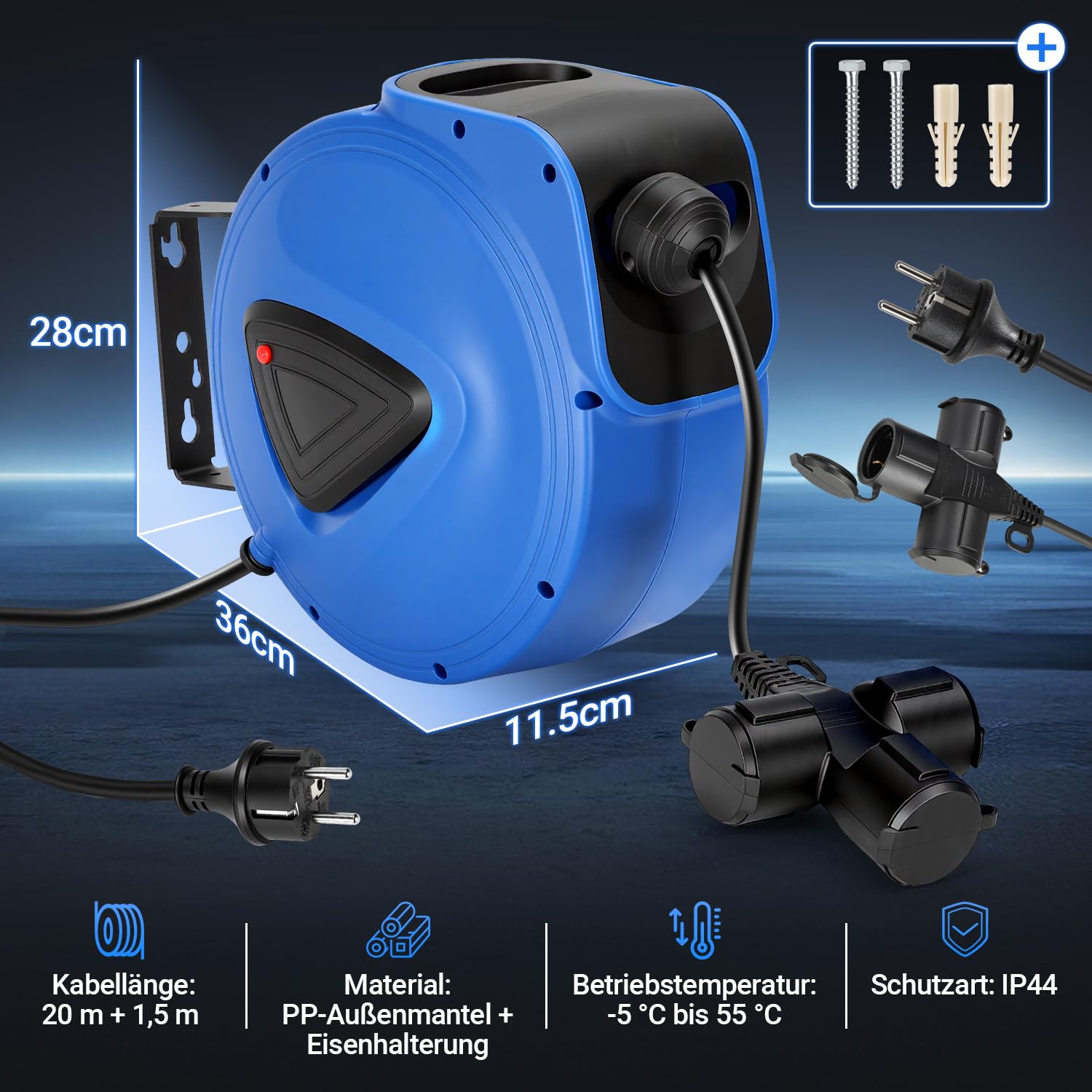 Fiqops Cable alargador automático 20m +1,5m, enrollador de cable para montaje en pared,giro lateral de 180°,para taller y almacén,con función de apisonamiento(enchufe tripolar)