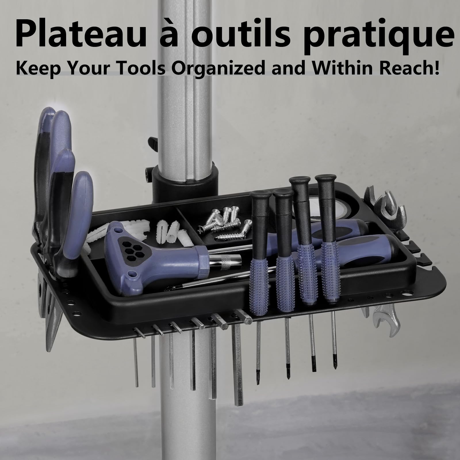 Urban Deco Support de réparation de vélo en aluminium pour l'entretien, capacité de 30,8 kg, réglable en hauteur, pince rotative à 360°, plateau à outils inclus, argent