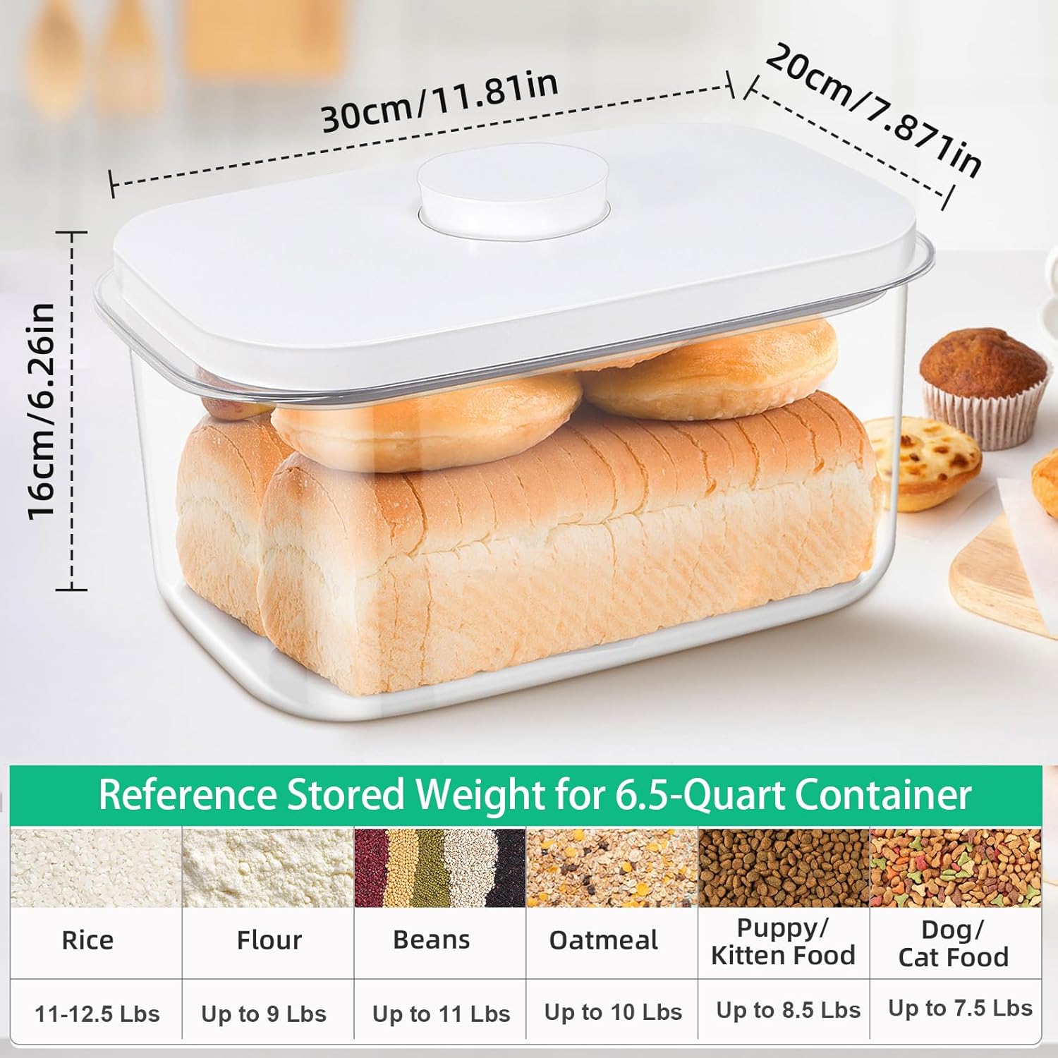 Large Bread Box with Easy-Carrying Handles for Kitchen Countertop, 6.5 Qt Rice Flour Container with Pop Up Lid & Hanging Hooks for Cleaner Use, Airtight Food Storage Bin for Kitchen Organization