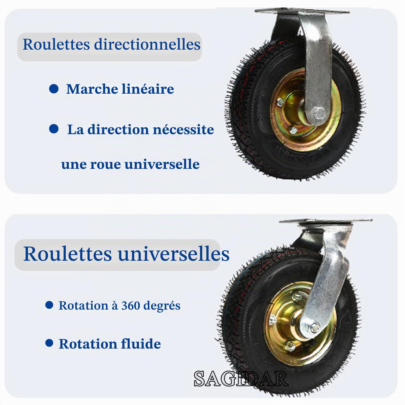 SAGIDAR Industrielle Pneu Gonflable, 4pcs Roulette Pivotante en Caoutchouc, Roue Increvable, Chariot Pneu Ø 15cm/20cm/25cm, Facile À Installer, Roues De Remplacement pour Tables De Travail