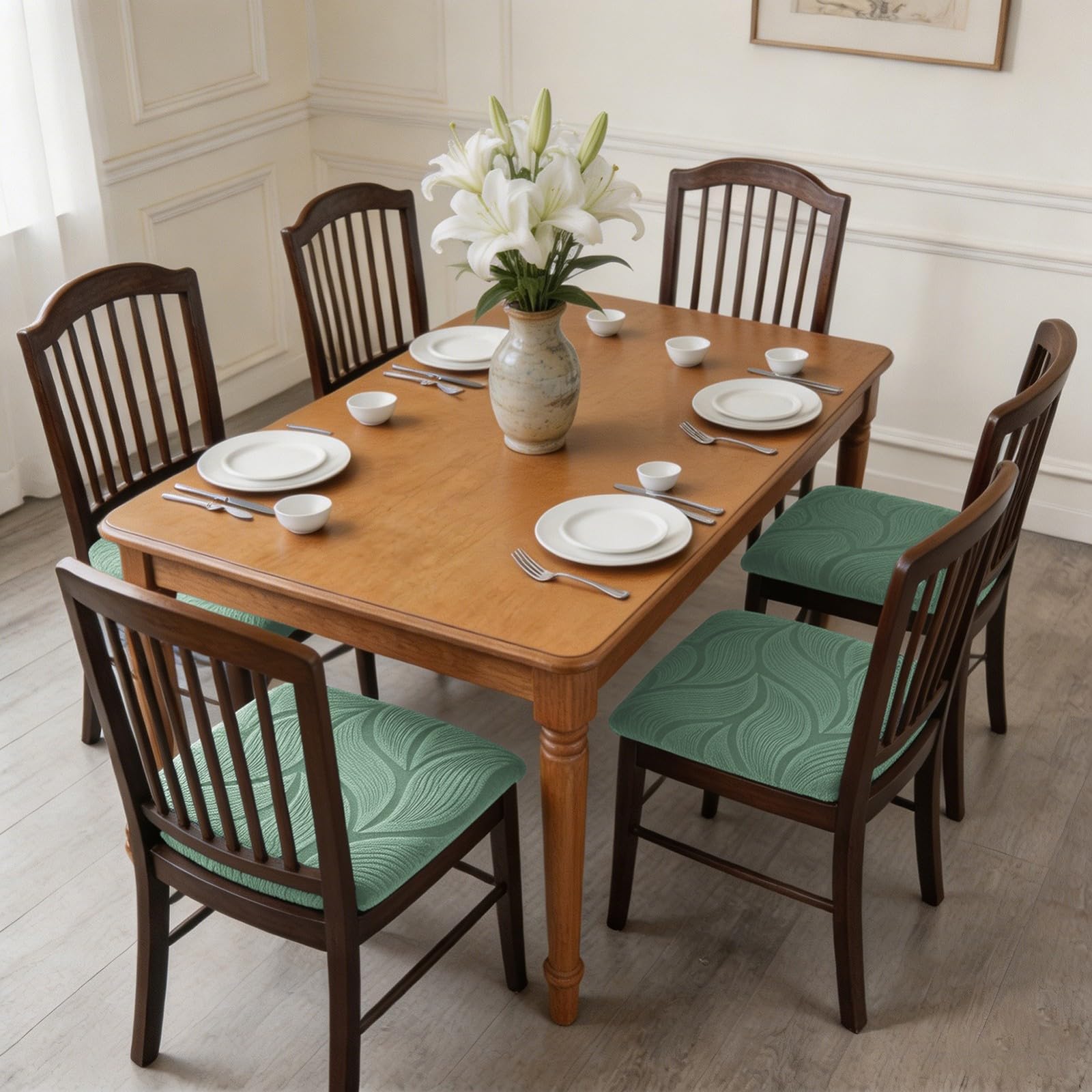 Coprisedie per Sedie da Pranzo Set da 2/4/6,Copricuscini Sedili Sedia da Pranzo in Tessuto Jacquard Elasticizzato Lavabile,per Cucina Ristorante Hotel(Pea Green,6Pcs)