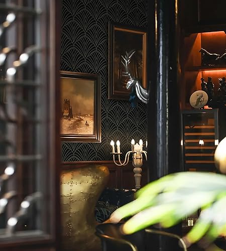 Miniatura 6 de Dimoon Papel tapiz geométrico para despegar y pegar, 393 x 17.3 pulgadas, color verde y negro, papel de contacto geométrico, grueso, impermeable,