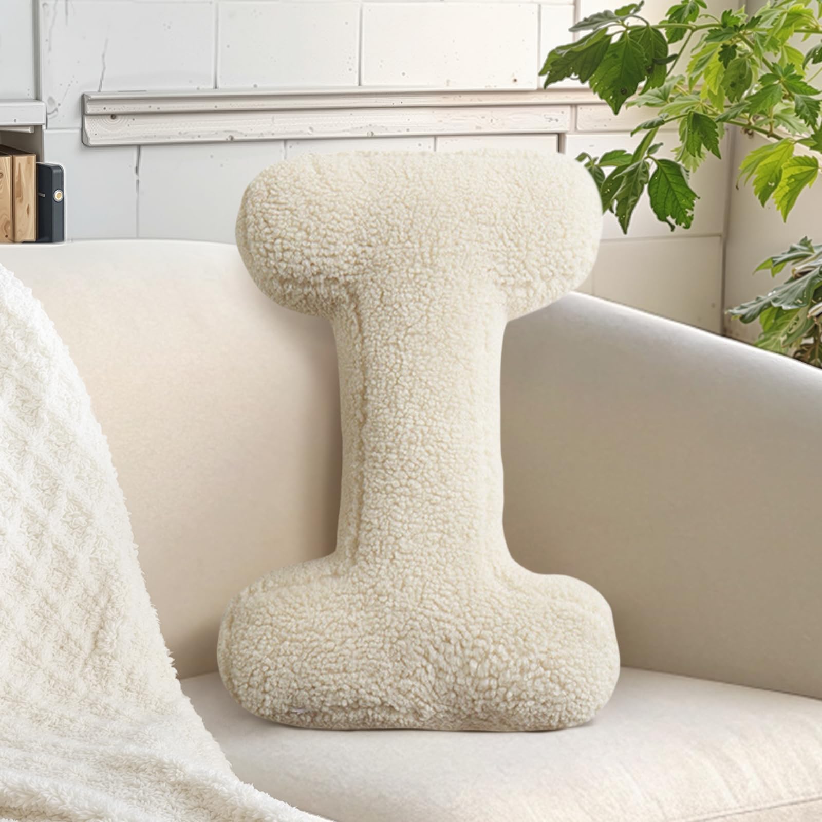 Initial Letter Pillow Soft Lambs Wool Throw Pillow Kids Room Nursey Playroom Decorations Ivory Alphabet I Cushion (I, 14.9" Lx11.8 W)