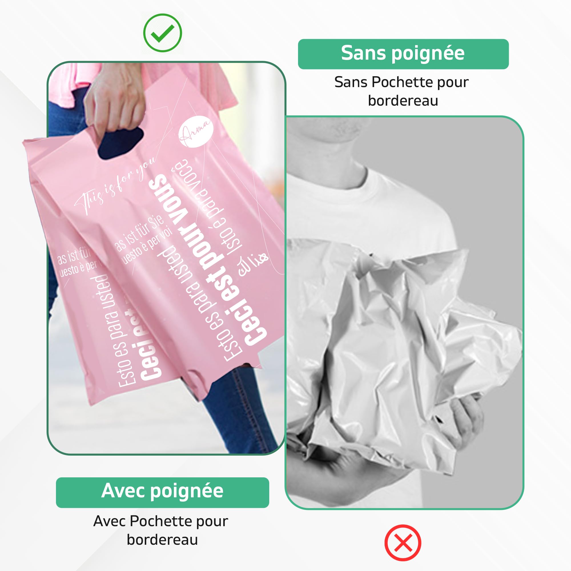 ARMA - Pack de 60 Pochettes d'Expédition Opaques et Auto-Adhésives avec Pochette de Bordereau - Résistantes pour Vêtements, Chaussures, Livres - Idéales pour Vinted et E-commerce