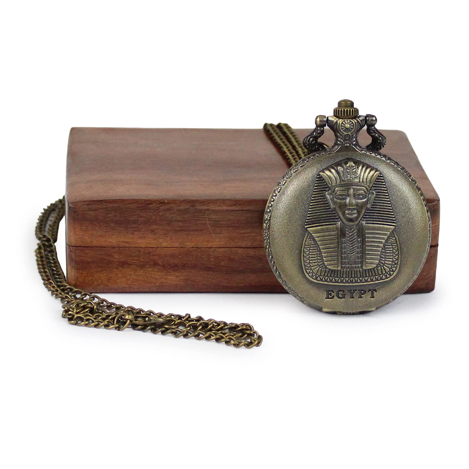 ARTVARKO Egypt Engraved Bronze Antique Pocket Watch with Roman Number Dial with Wooden Box for Men and Women (B09P6FV3WJ) Amazon Price History, Amazon Price Tracker