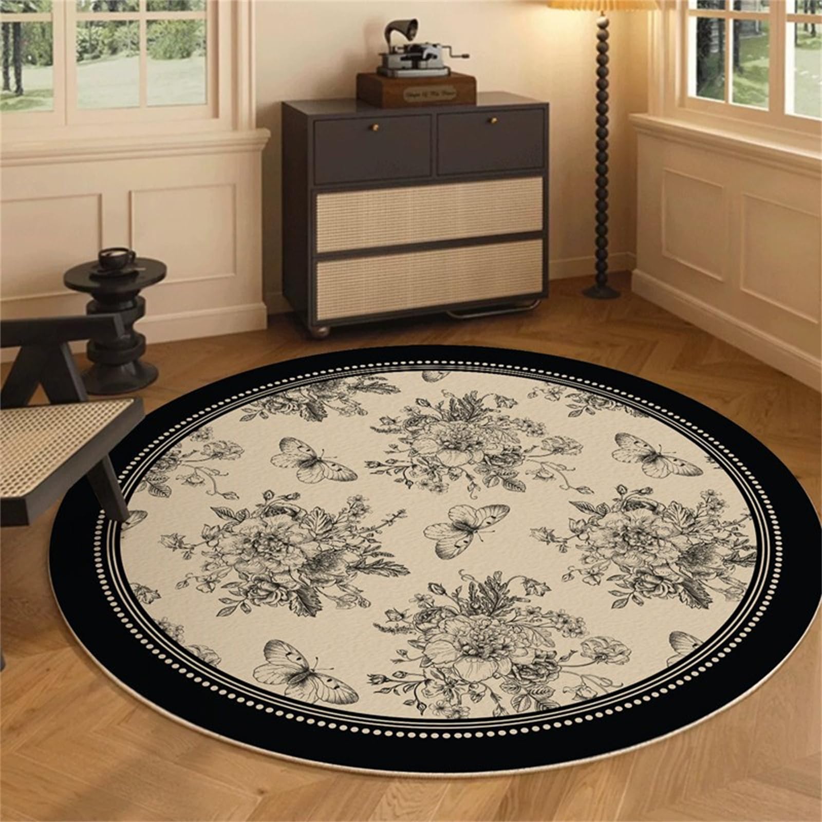 Tapis rond lavable rug de salon antidérapant doux 140cm noir motif fleurs