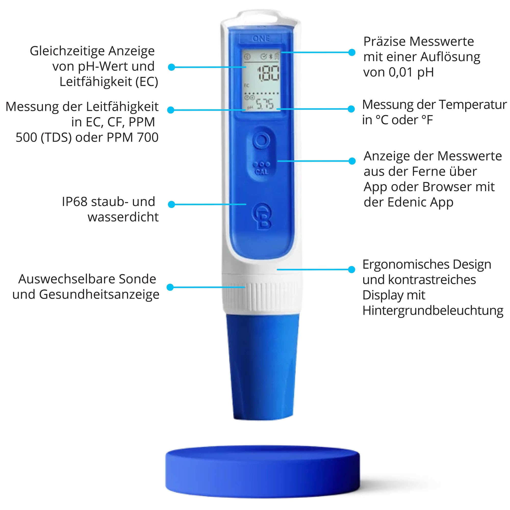 Bluelab OnePen - ein 3-in-1 Temperatur-, EC/PPM- und pH-Messgerät, blitzschnelle Messwerte - Bluetooth-Datenaustausch & In-App-Tracking - austauschbare Sonde