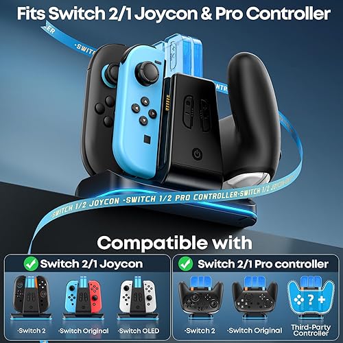 Miniatura 2 de Cargador de controlador Switch 2 y 1, base de carga 2 en 1 para Switch 2025/OLED/Joycons originales, estación de carga rápida con 9 modos RGB