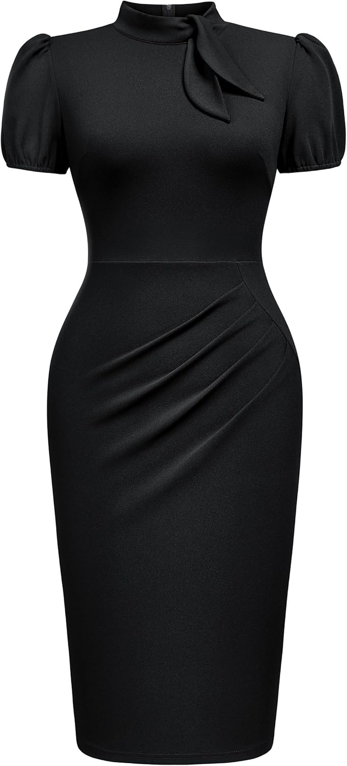 AISIZE Women's Elegant Tie Neck Puff Sleeves Ruched Cocktail Party Dress - Image 4