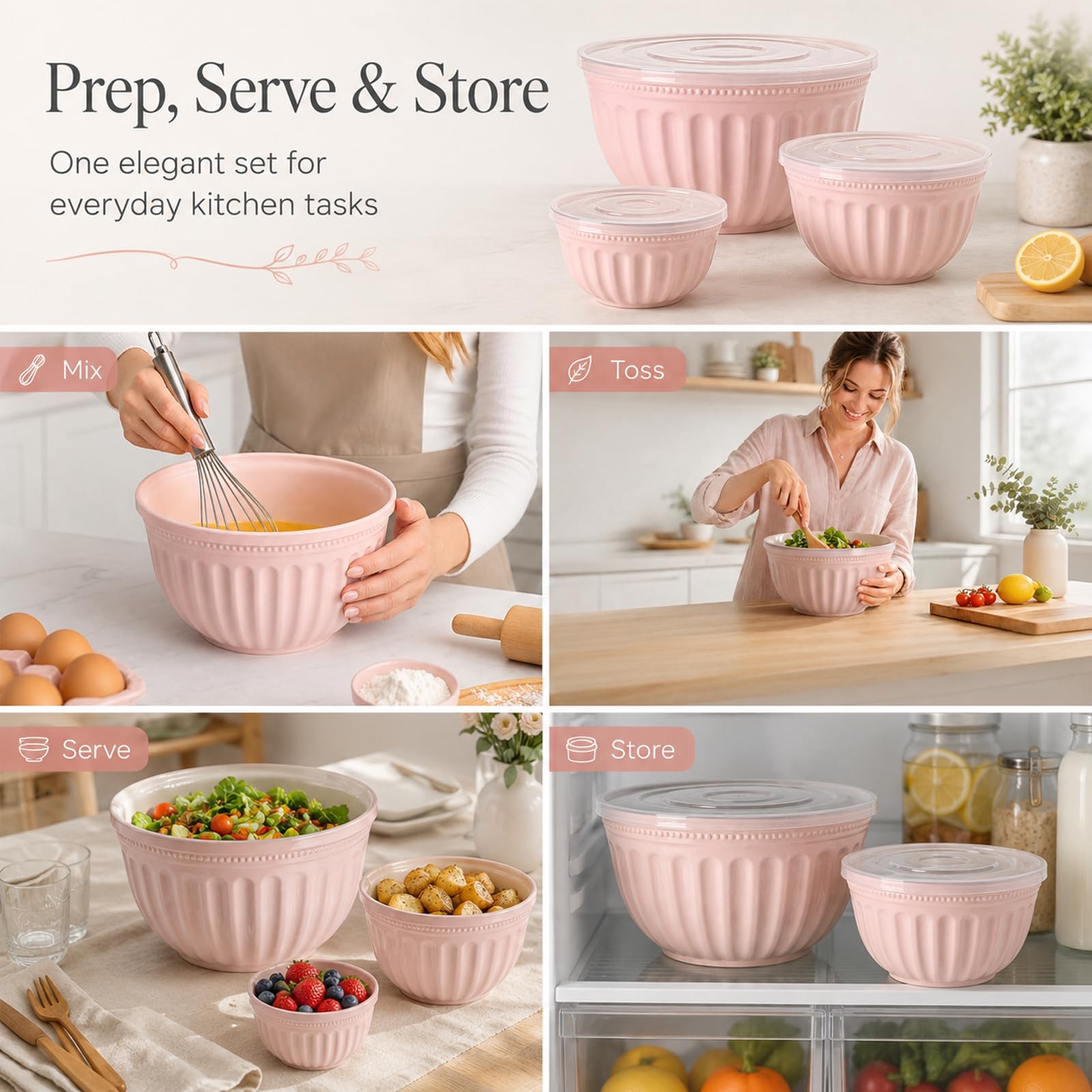 Set di 3 ciotole per insalata con coperchio, in plastica, senza BPA, impilabili, grandi ciotole per cucina, set di ciotole per miscelare, servire e conservare (rosa)
