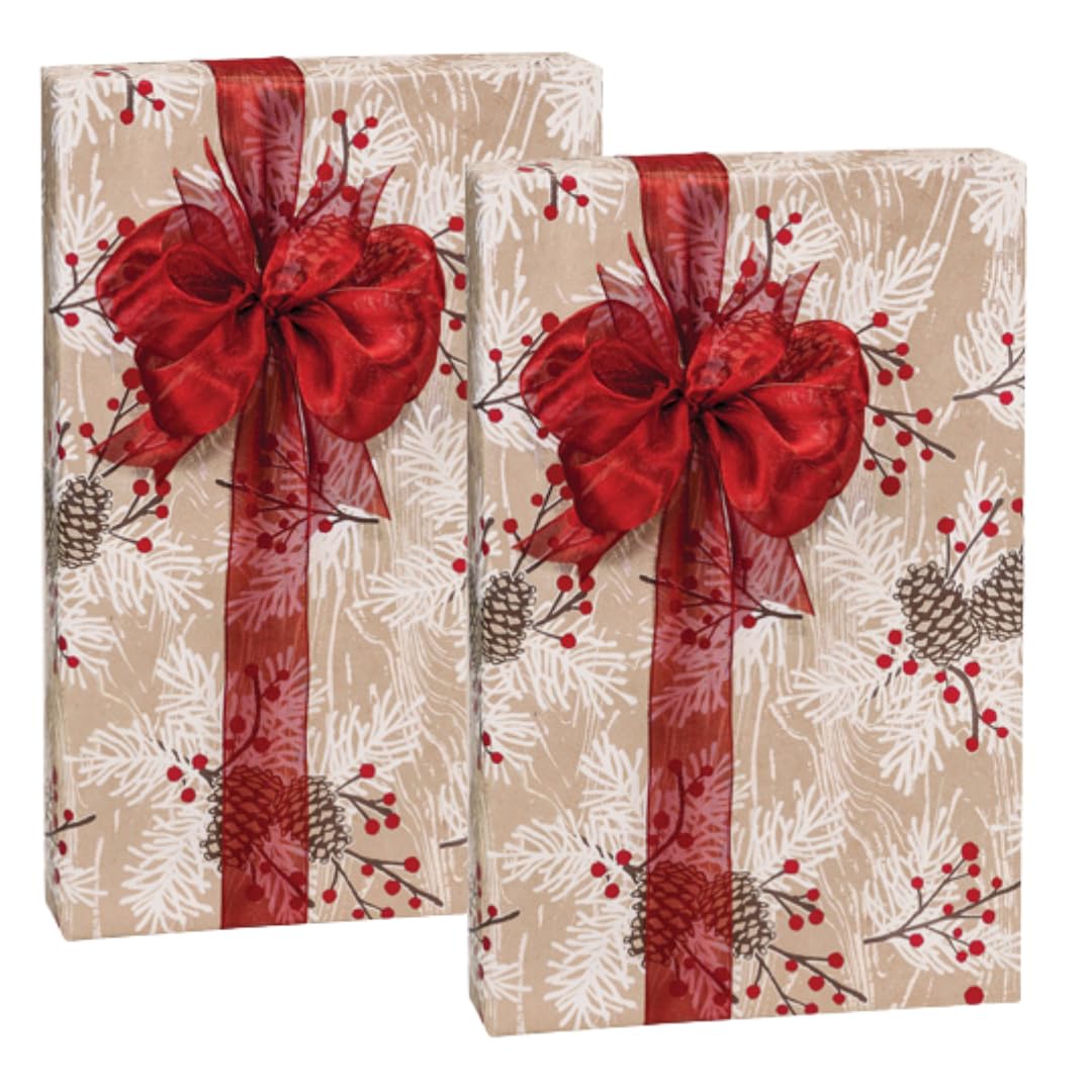 CakeSupplyShop Celebrations Kraft Pine Cone Woodland Berry Pine Christmas Holiday Gift Wrap 24inch x 12ft Folded Wrapping Paper with Tags