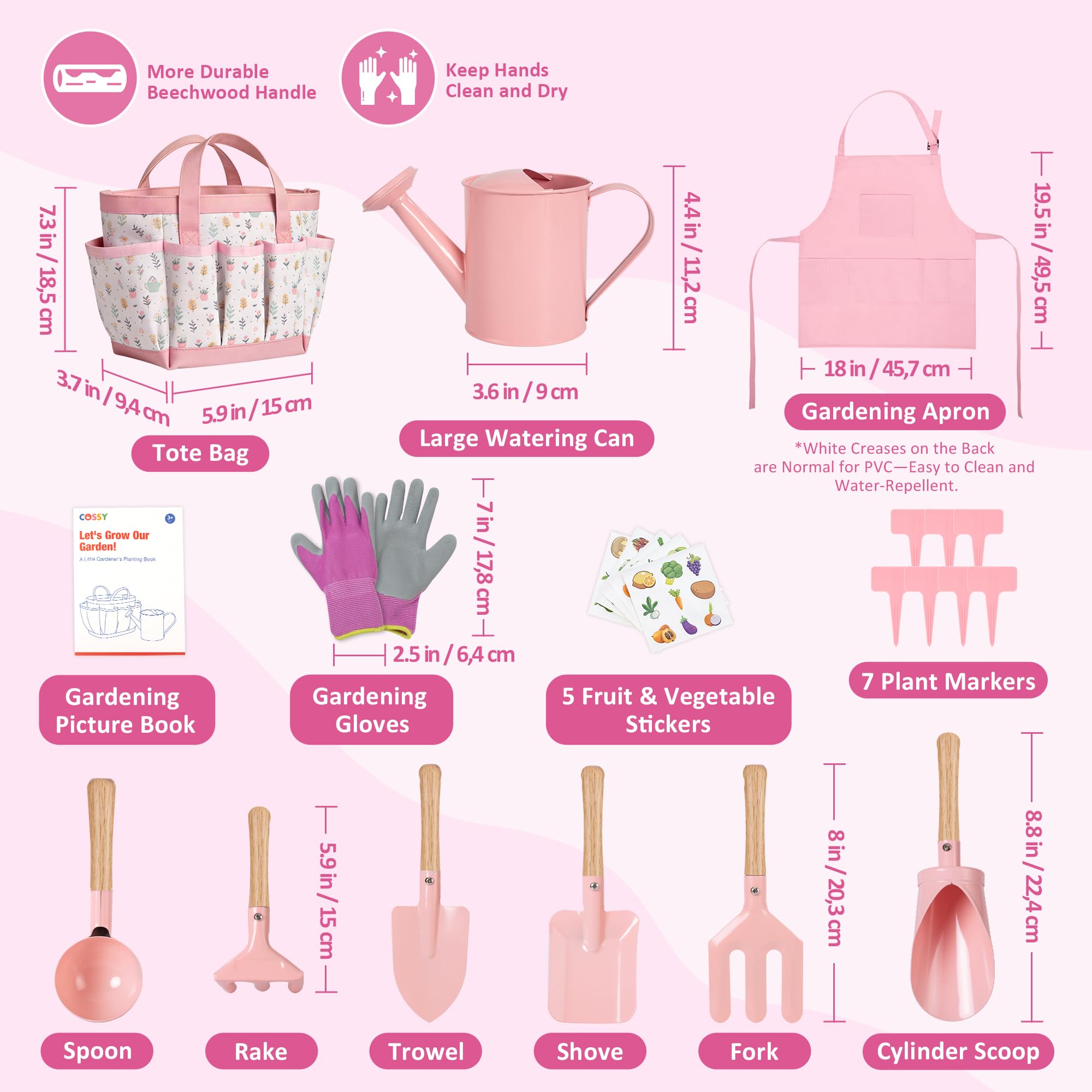 cossy Herramientas de Jardinería, Kit Jardinería para Niños de 13 Piezas, Herramientas para Huerto, Bolsa de Transporte, Regadera, Palas, Rastrillo, Guantes de Jardinería, Delantal, Rosa