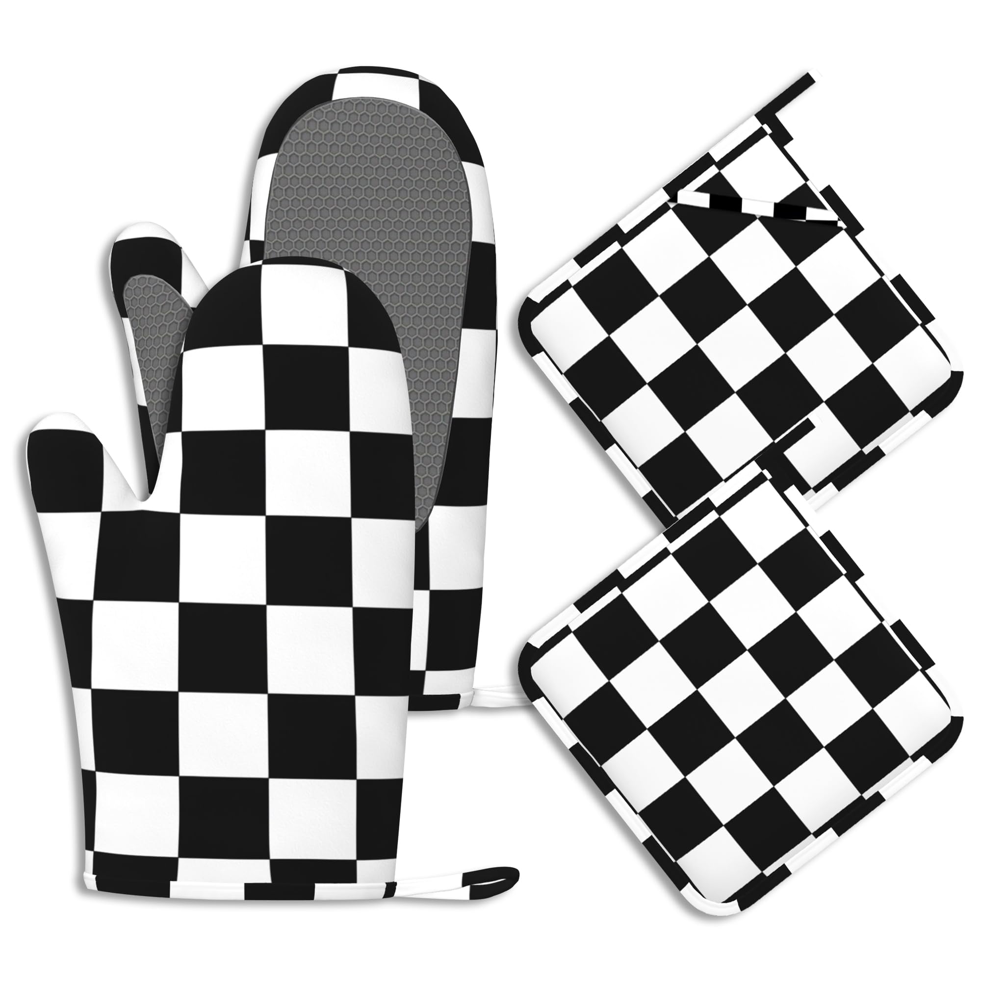 Ofenhandschuhe und Topflappen, Set mit 4 Stück, Büffelkaro, hitzebeständig, Silikon, Ofenhandschuhe, rutschfeste Küchenhandschuhe, Topflappen zum Kochen, Backen, Grillen, BBQ
