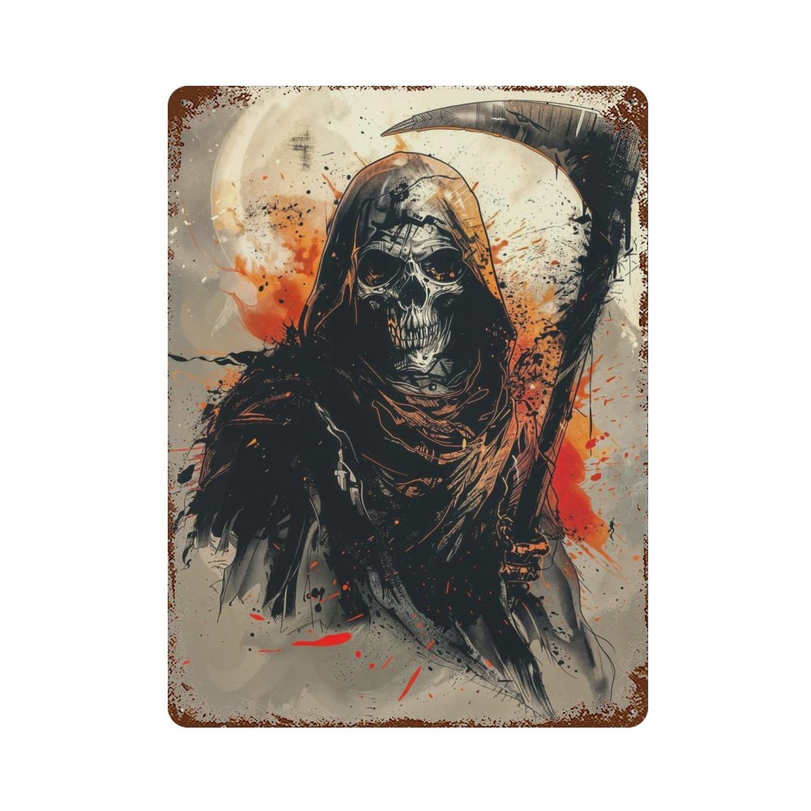 Grim Reaper Painting Rusty Metal Tin Sign 15.7"x11.8", Industrial Home Decor for Garage, Pub Or Kitchen