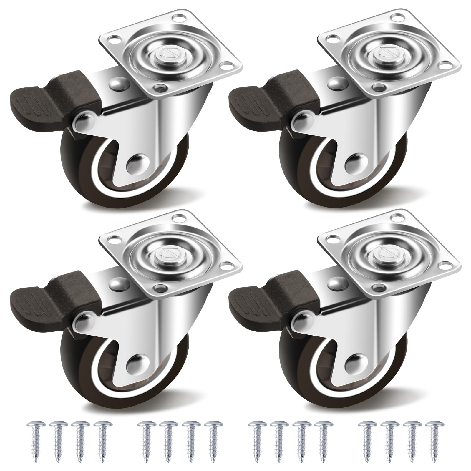 Castor Wheels Set of 4 with Brakes, 360° Rotating Furniture Wheels, Quiet Castors Wheels, Heavy Duty Castors for Furniture