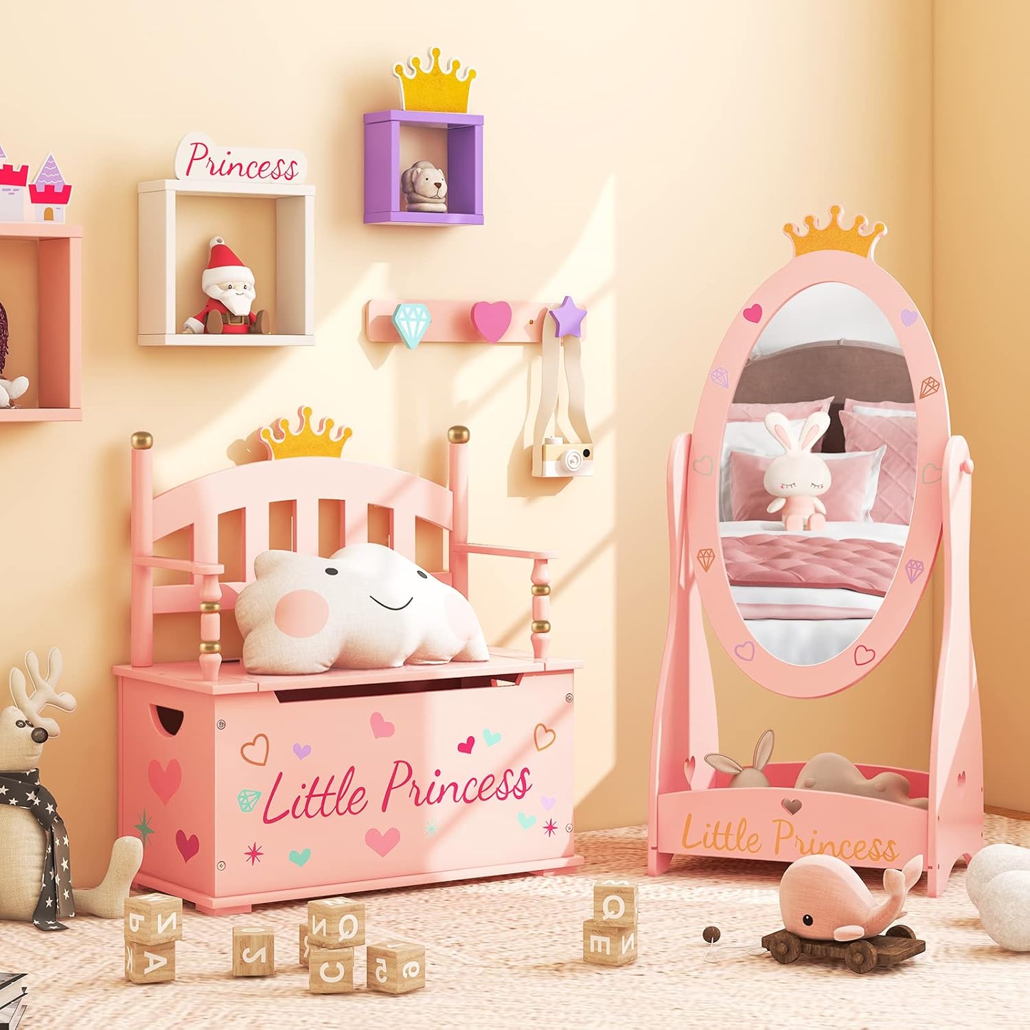 Costzon Wooden Toy Box, 2 in 1 Toy Chest Storage Bench Seat with Safety Hinged Lid, Kids Toy Storage Organizer for Playroom Bedroom, Children's Furniture, Pink