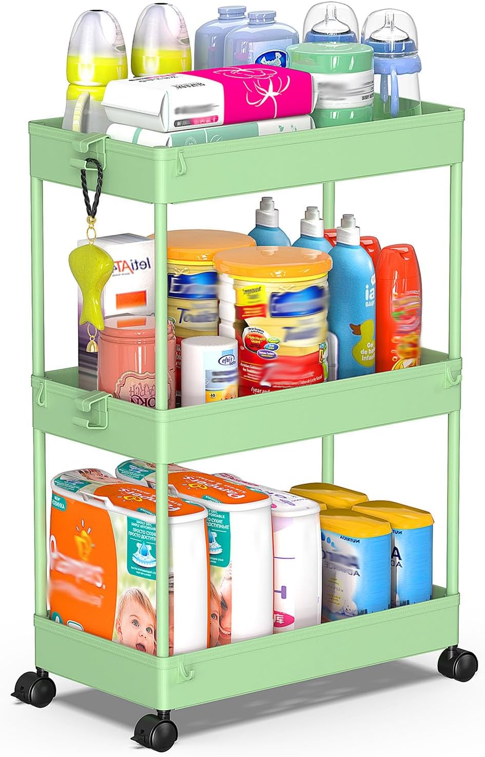 SPACEKEEPER Storage Trolley 3-Tier Slide Out Rolling Utility Cart Shelf Rack on Wheels Multi-purpose Shelving Organizer for Office, Kitchen, Bedroom, Bathroom, Laundry Room & Dressers, Green