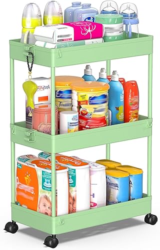 SPACEKEEPER Rolling Storage Cart 3 Tier, Bathroom Cart Organizer Laundry Room Organizer Utility Cart Mobile Shelving Unit Multi-Functional Shelves for Office, Kitchen, Bathroom, Green, SPKSC302GN