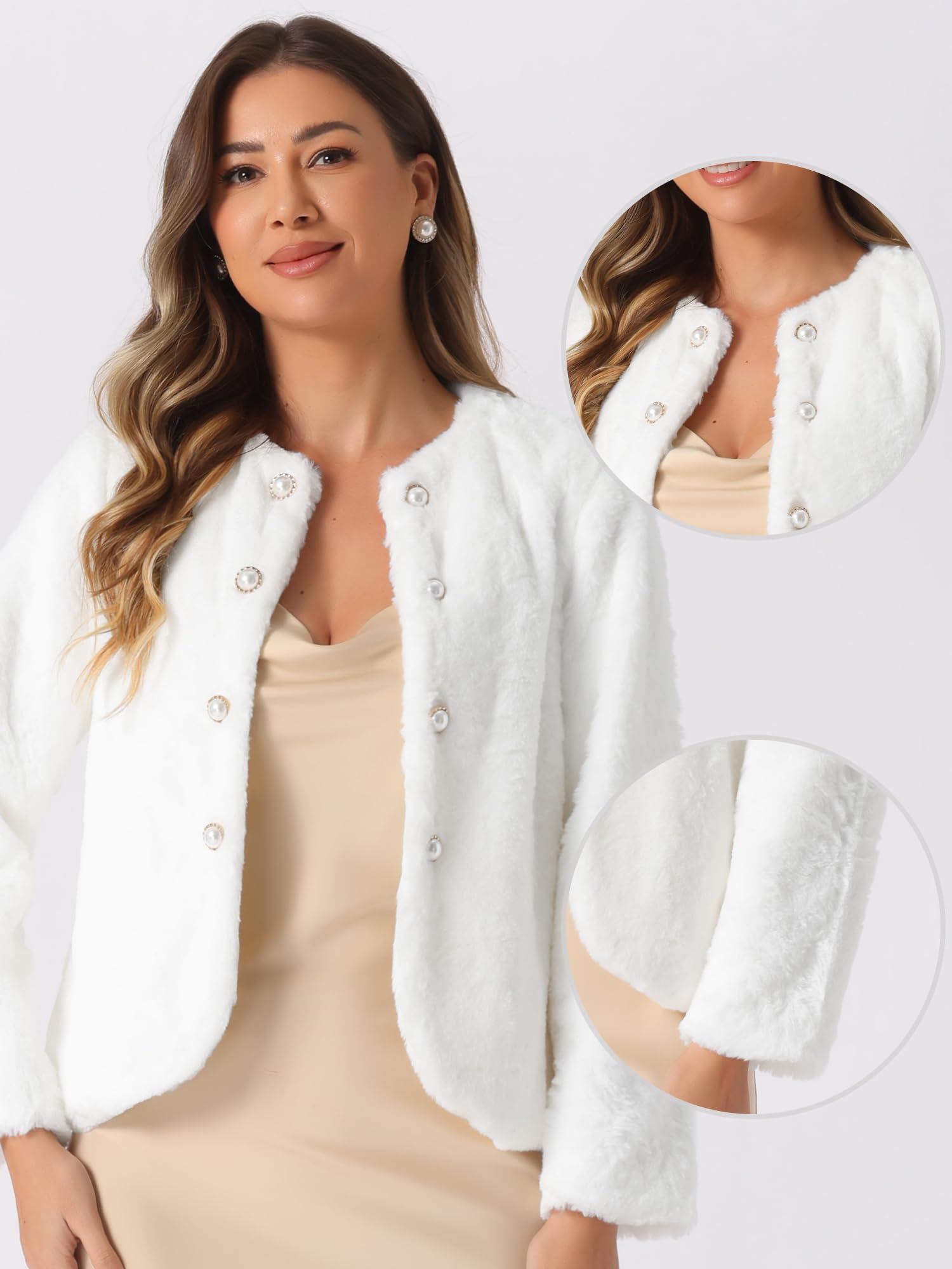 Allegra K Damen Langarm Winter Kunstpelz Mantel Perlmuttknopf Cardigan