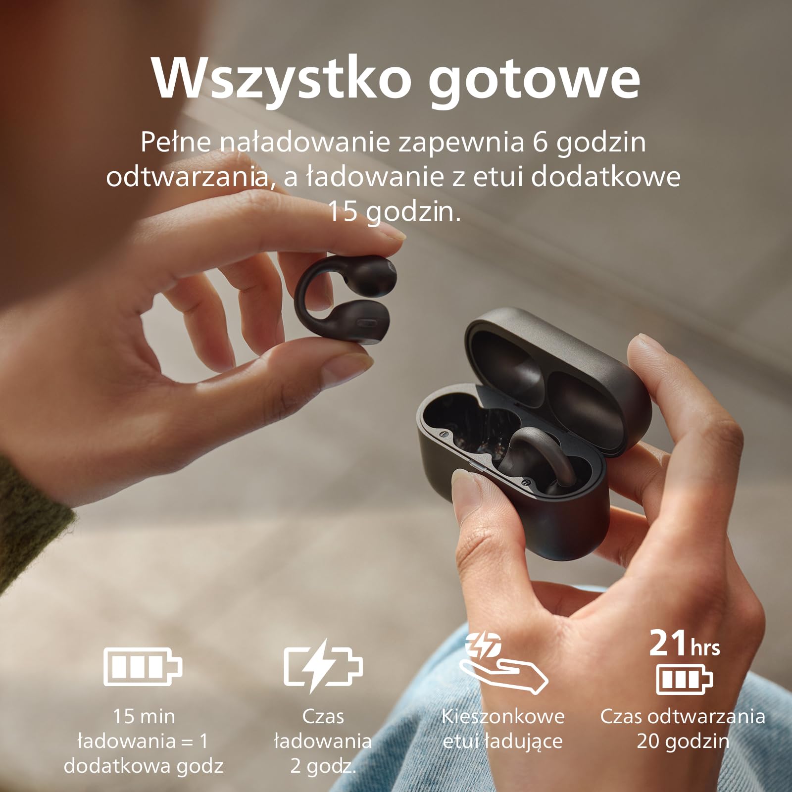 Philips TAQ2000BK nauszniki, styl prawdziwe, bezprzewodowe, otwarte ucho, wielopunktowe słuchawki douszne, 28 godzin odtwarzania, kieszonkowe etui ładujące, wyraźne połączenia, idealne do dojazdów do