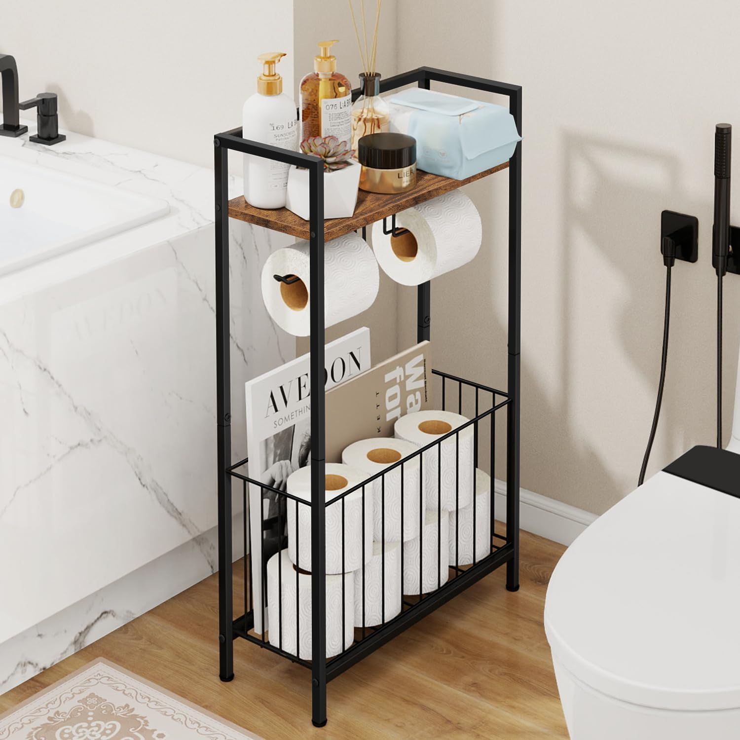 Freestanding Toilet Paper Holder with Storage Shelf, Bathroom Toilet Paper Holder Stand with Extra Roll Storage Basket, Floor Standing Tissue Organizer for Wipes Magazine Phone, Rustic Brown